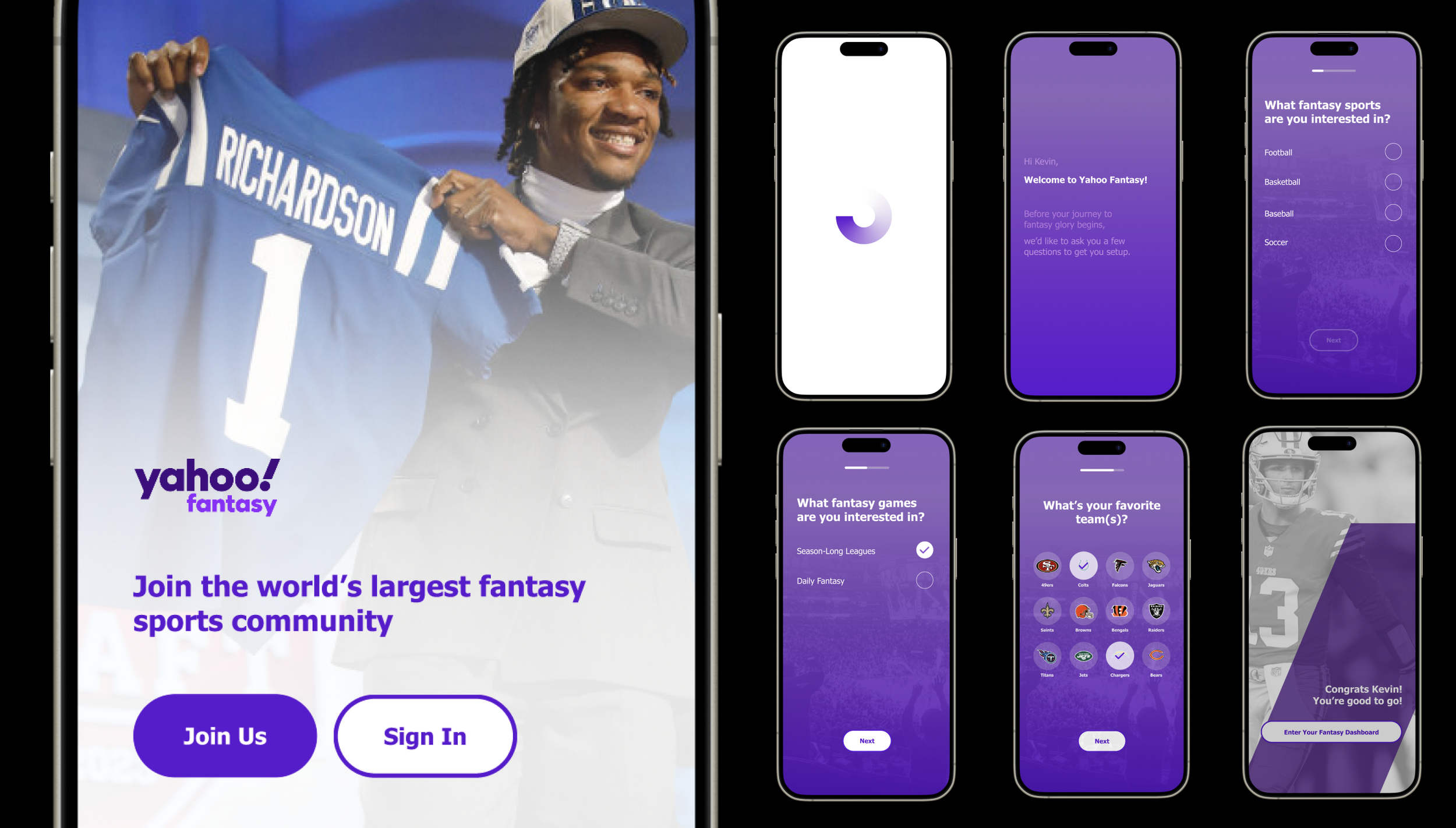 Concept work for Yahoo Fantasy - Onboarding Flow (Micro Animations Prototype)