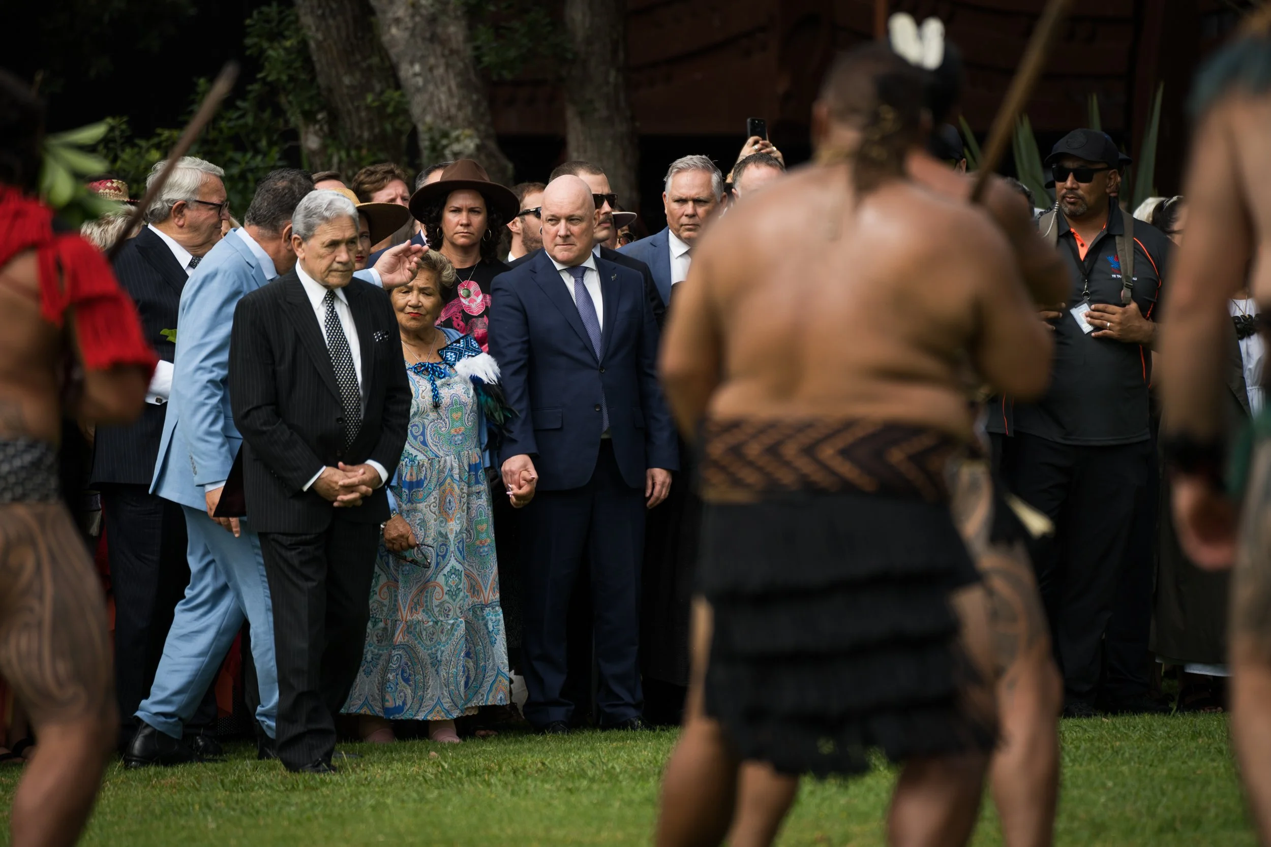 Shane Jones tries to get Prime Minister Chris Luxon to accept the challenge put down by the welcoming party.