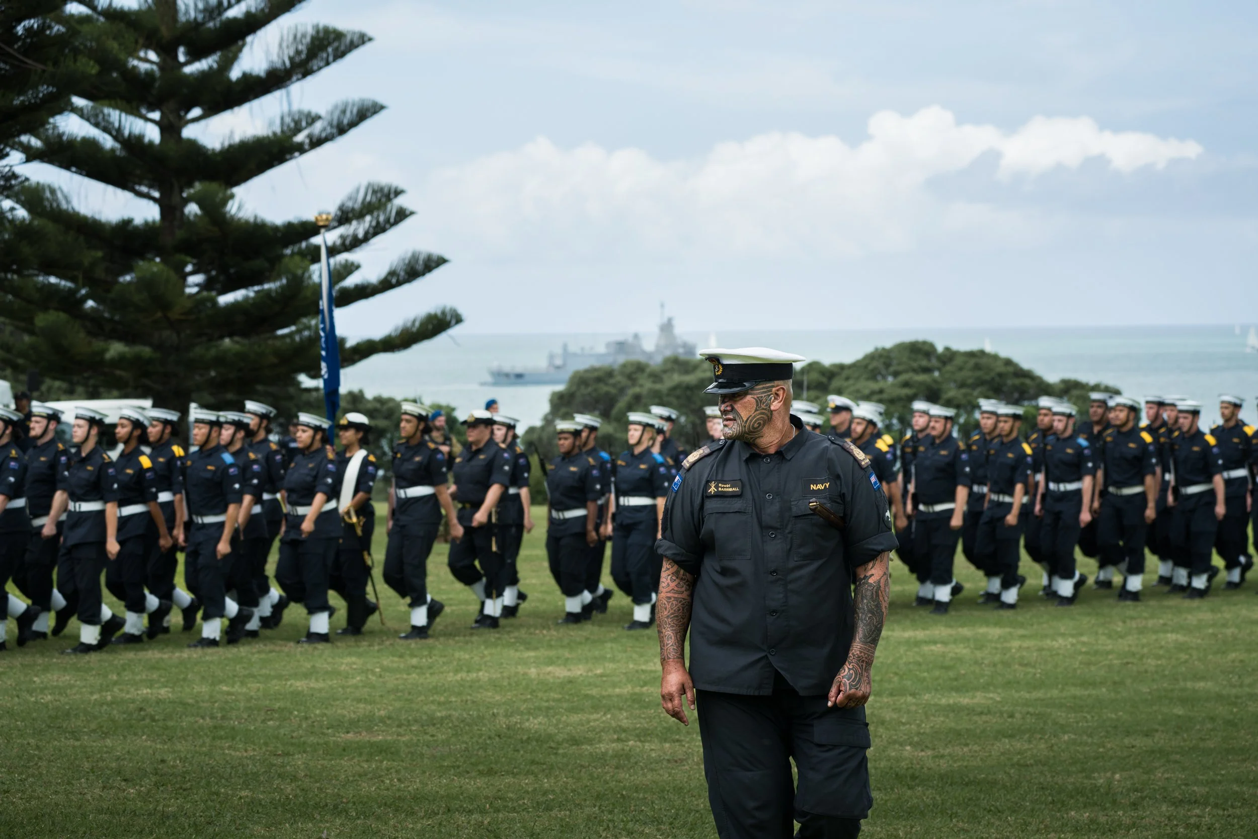 The navy practicing for an afternoon performance.