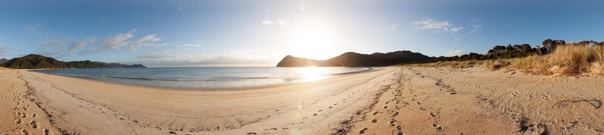 Panorama of Awaroa Bay, early morning.