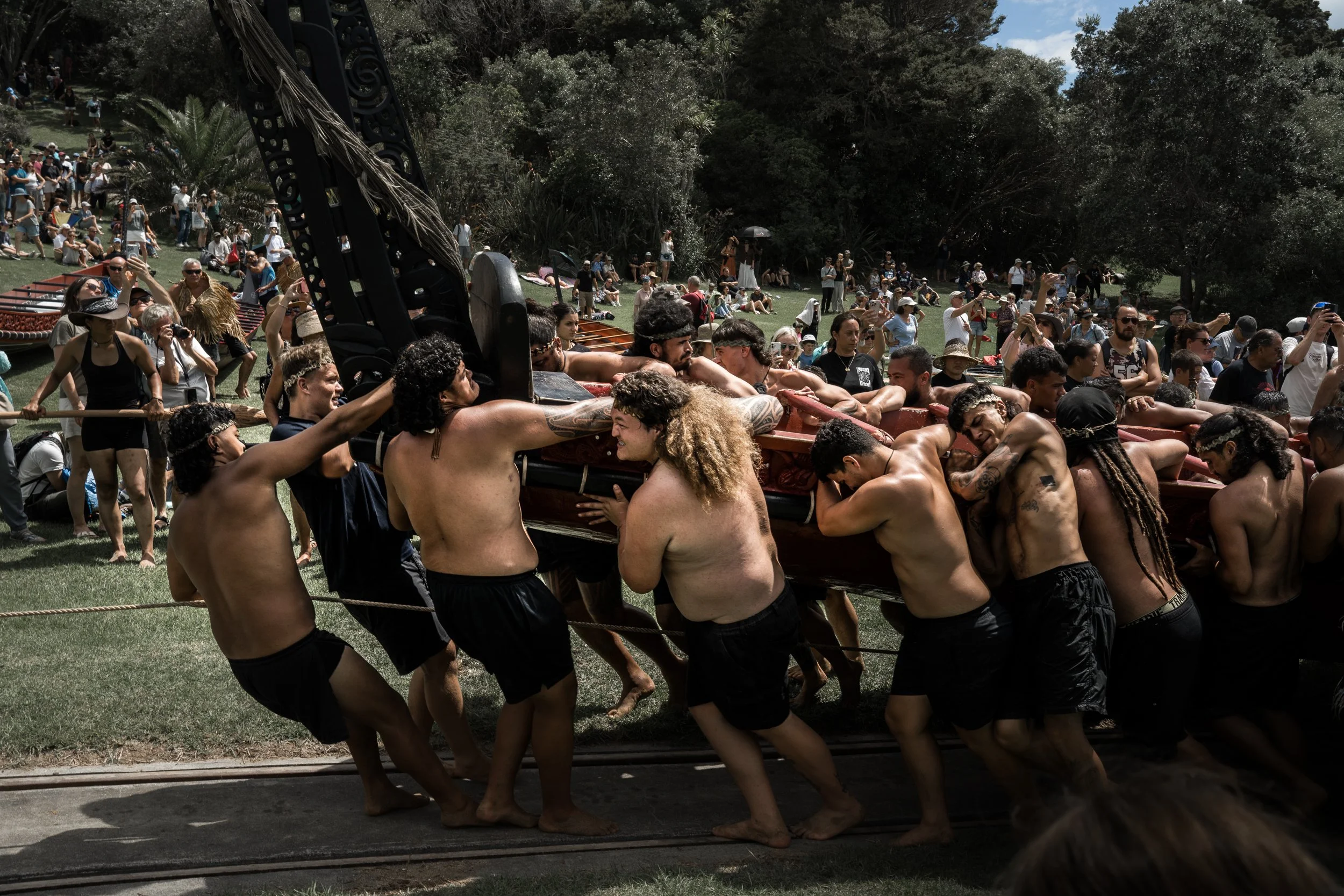It takes a huge effort to haul Ngātokimatawhaorua up to its housing.