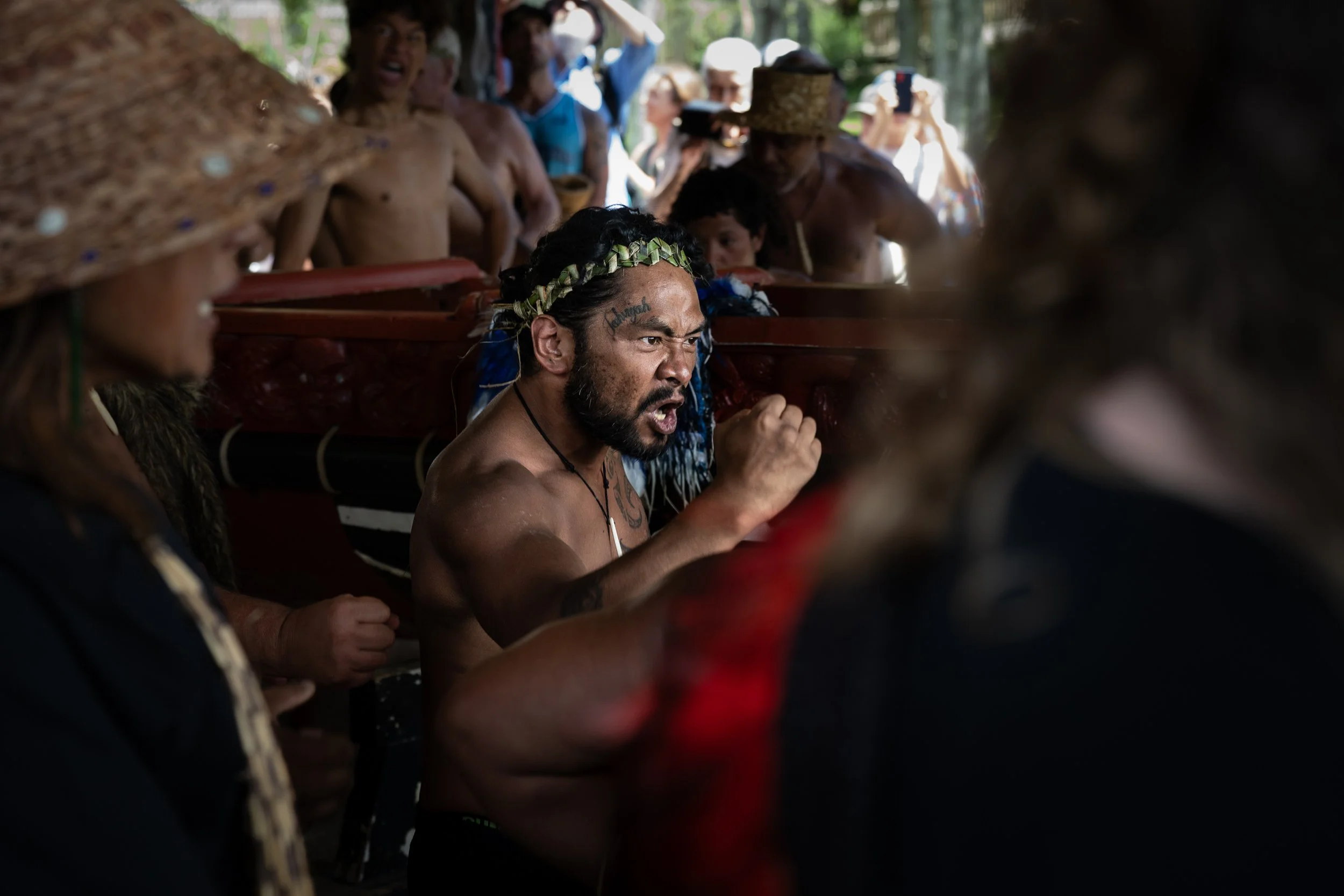 A warrier during a haka following the return of Ngātokimatawhaorua.