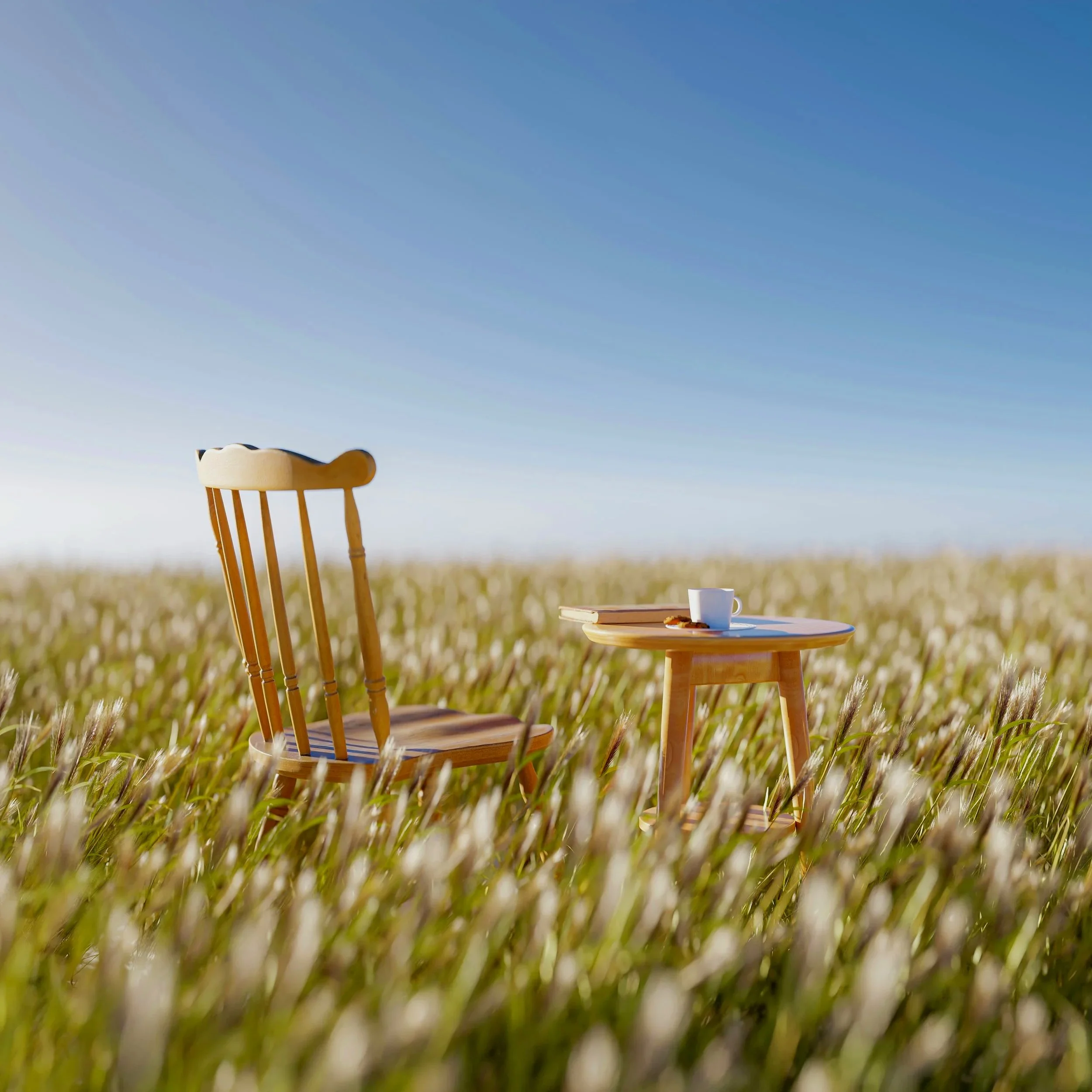 chair and a table in a field with a cup and a book