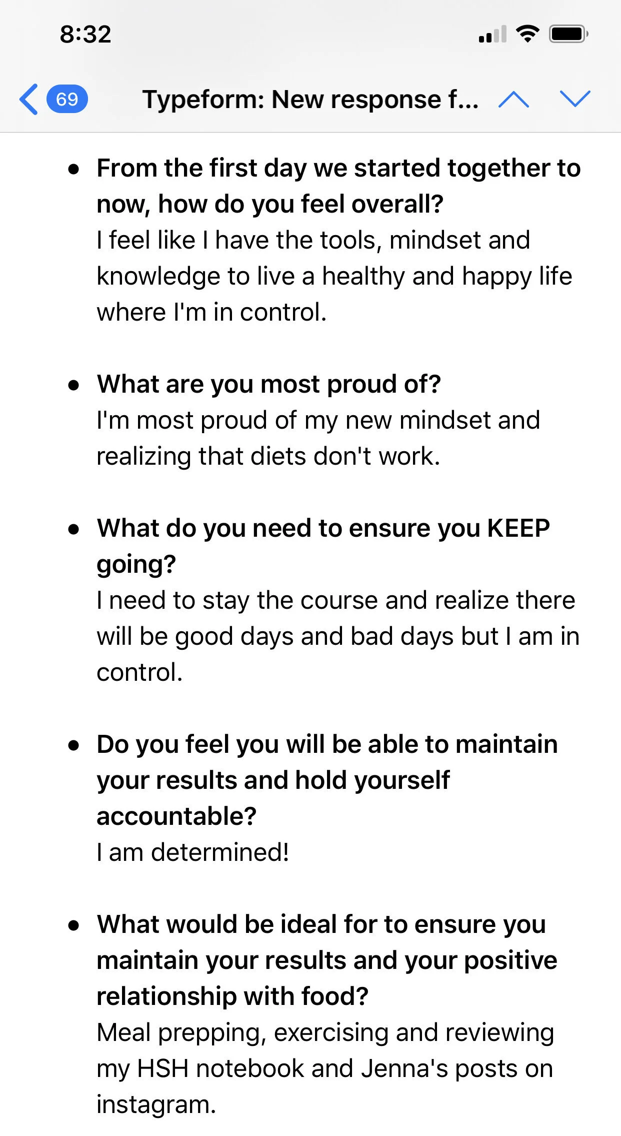 'I am most proud of my mindset and realizing that diets don't work!'