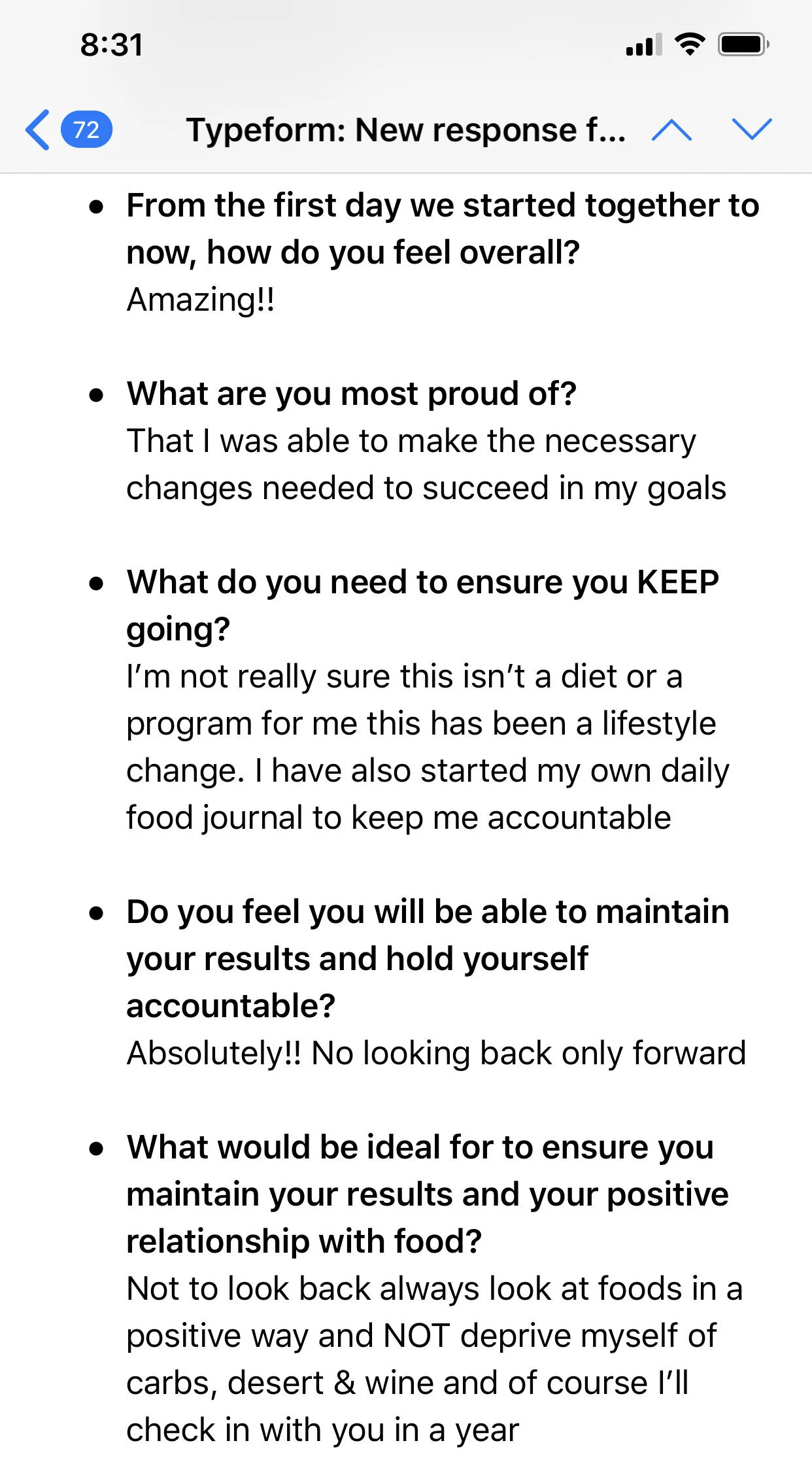 'I have learned not to deprive myself of carbs, desserts and WINE!'