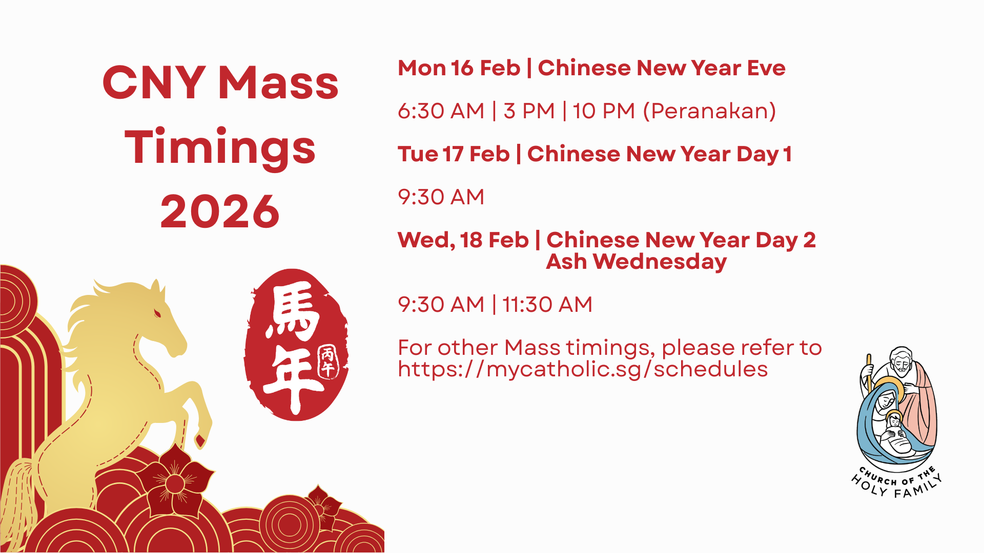 🐎 Chinese New Year &amp; Ash Wednesday Mass Timings