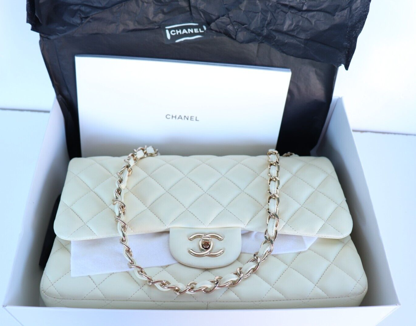 Chanel Women's Ivory White Gold 2.55 Medium Classic Double Flap Calfskin Bag  — SHAMELESS RESALE