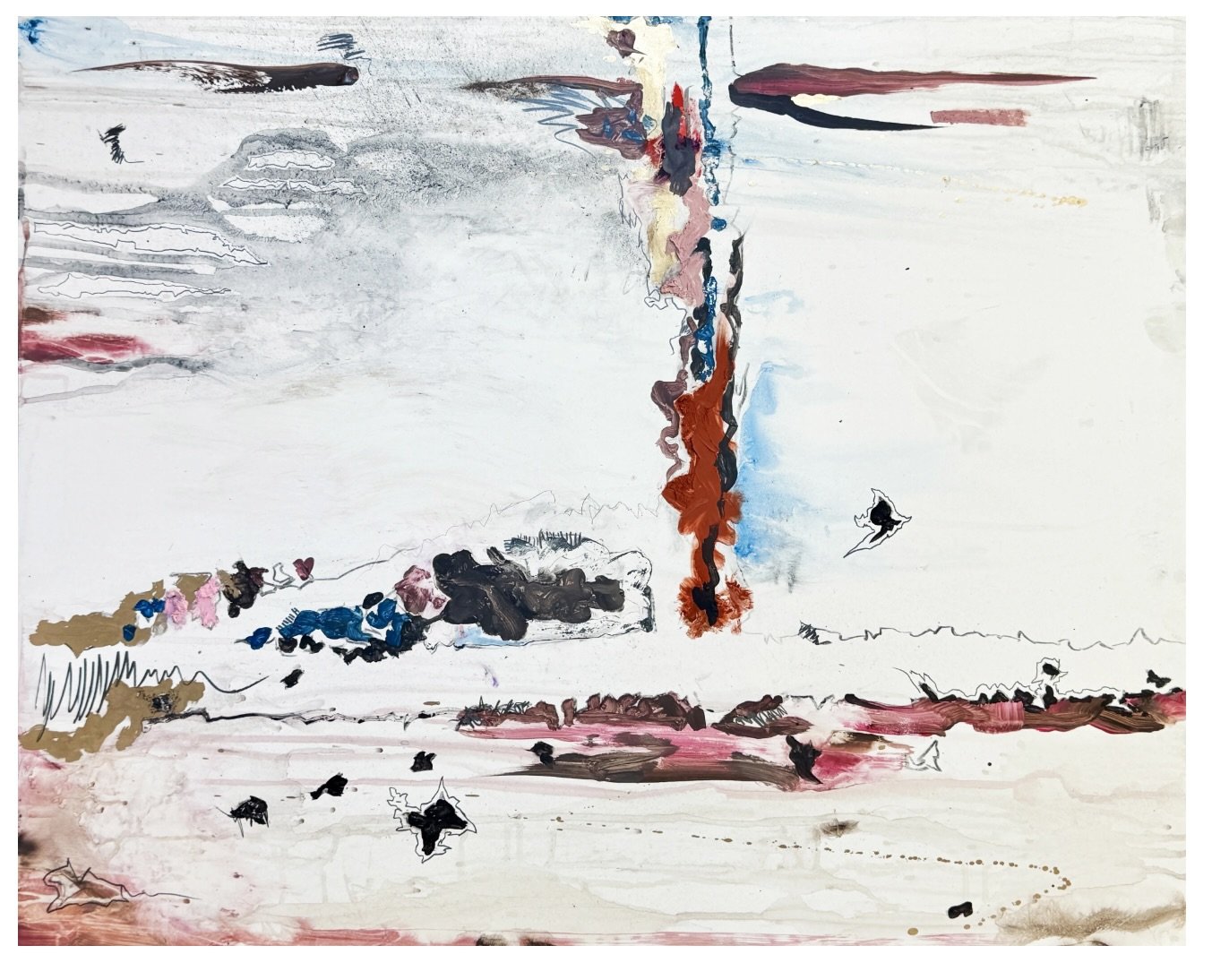 
   Where the Ancestors Rest / The Land Remembers (Blood and Bones Series), 2026   
 
Oil, graphite, metallic ink, coffee, acrylic on clay board 
  24 x 30 inches (61 x 76.2 cm) 
 
  Inquire   

