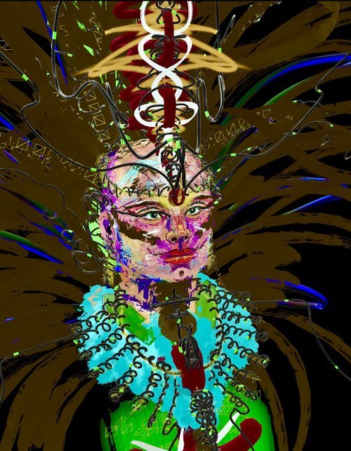 Colorful abstract art depicting a person with ornate headgear and a vibrant background.