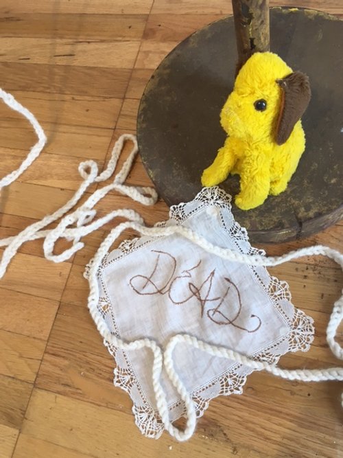 The titled handkerchiefs function as intimate counterpoints to the industrial welder screens. Historically associated with private care and grief, the handkerchiefs are embroidered in blood reds and browns to reference menstrual blood and surgical bl