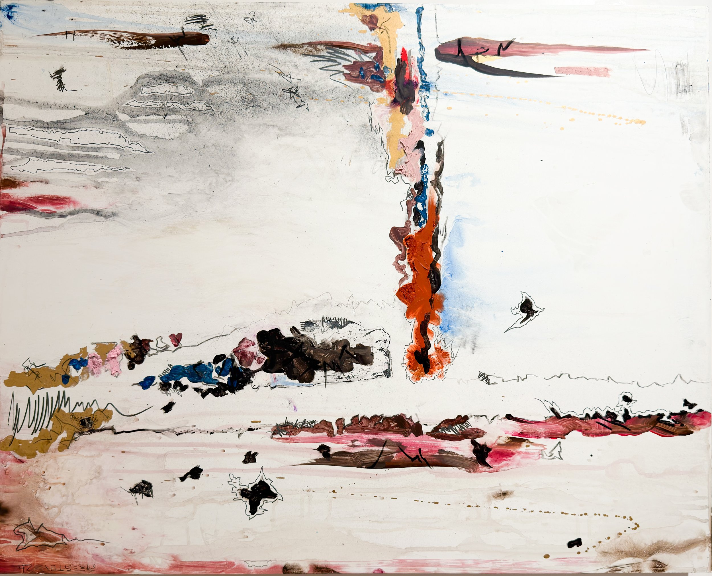 Where the Ancestors Rest/The Land Remembers, 2026
signed along the exterior clay board
oil, graphite, metallic ink, coffee, acrylic on clay board
24 x 30 inches
61 x 76.2 cm

Inquire