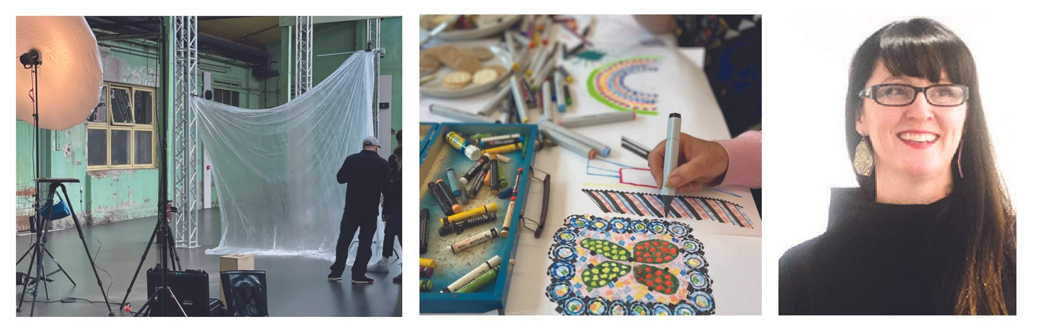 Images (L to R): Setting up a photo shoot, drawings, portrait of a woman with brown hair.