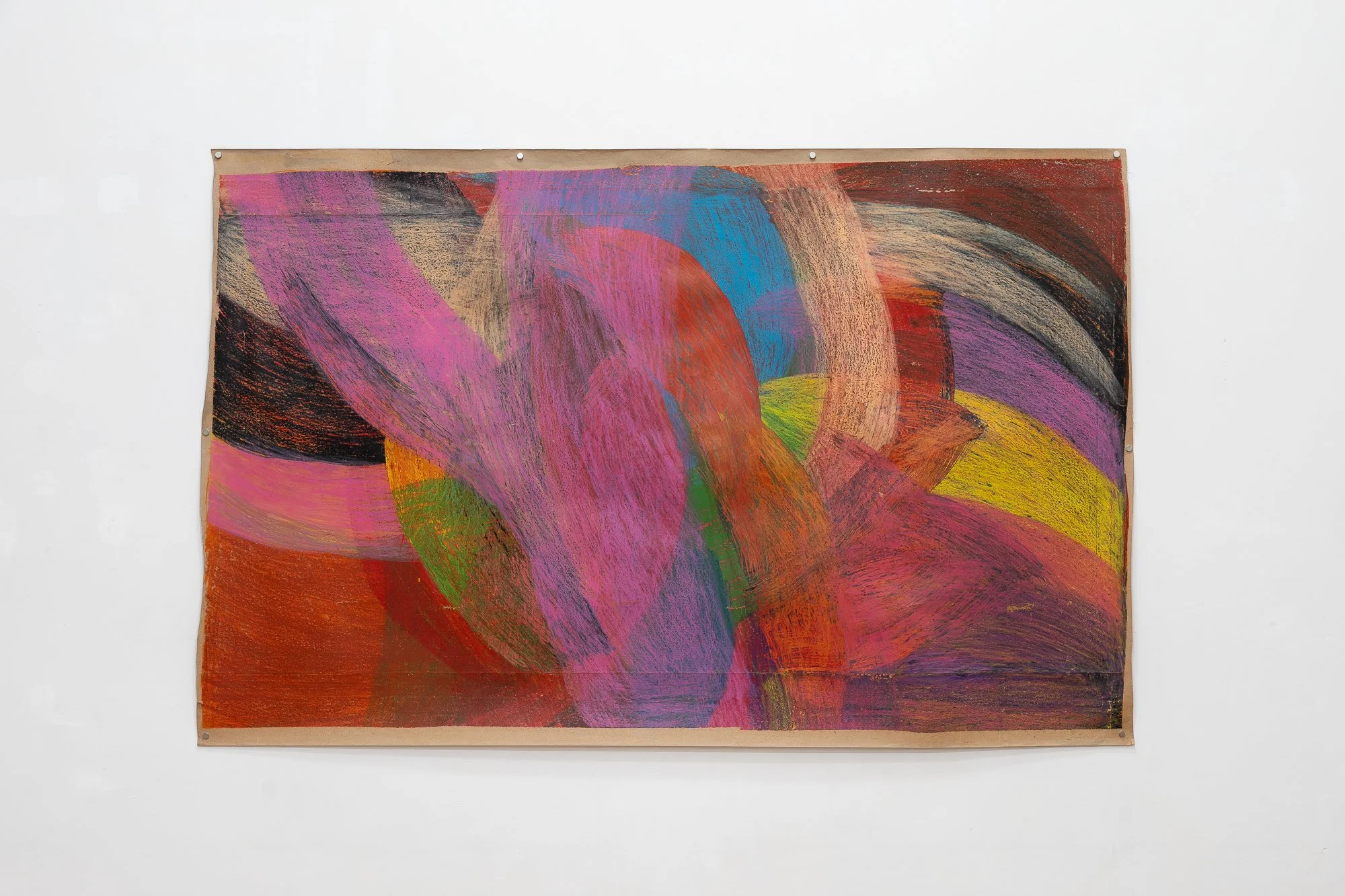 Installation image of a large abstract artwork in a white gallery space