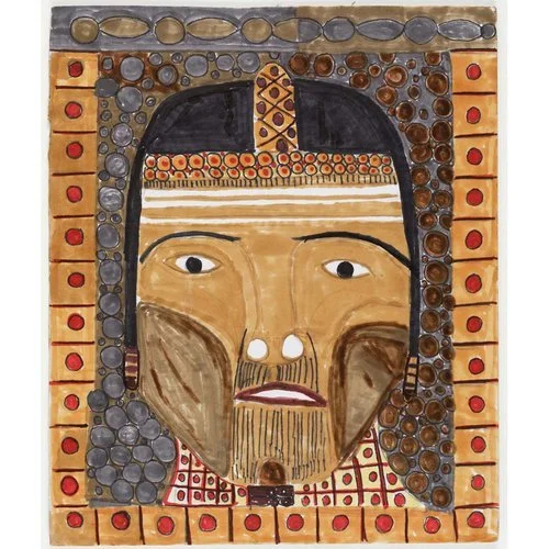 Colorful mosaic-style portrait of a figure wearing ornate headgear and patterned clothing.