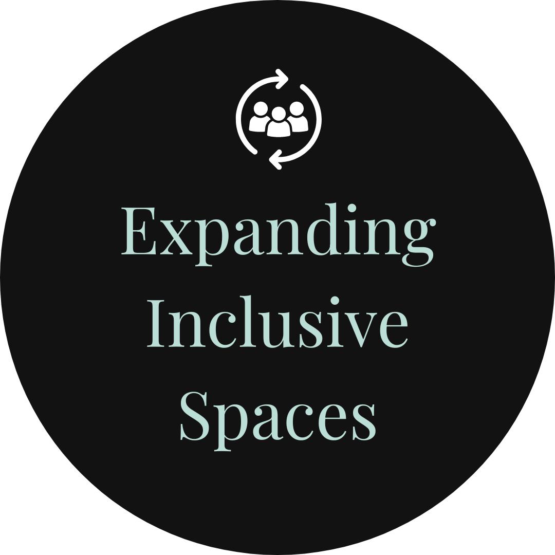 Black circle with an icon of three people and circular arrows above the text 'Expanding Inclusive Spaces' in light blue.