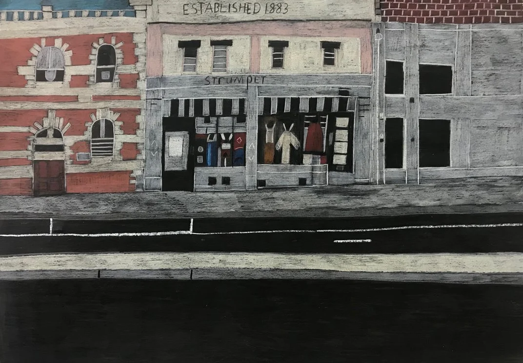 Street scene painting with vintage storefronts, showcasing a clothing store with a striped awning and mannequins in the window.