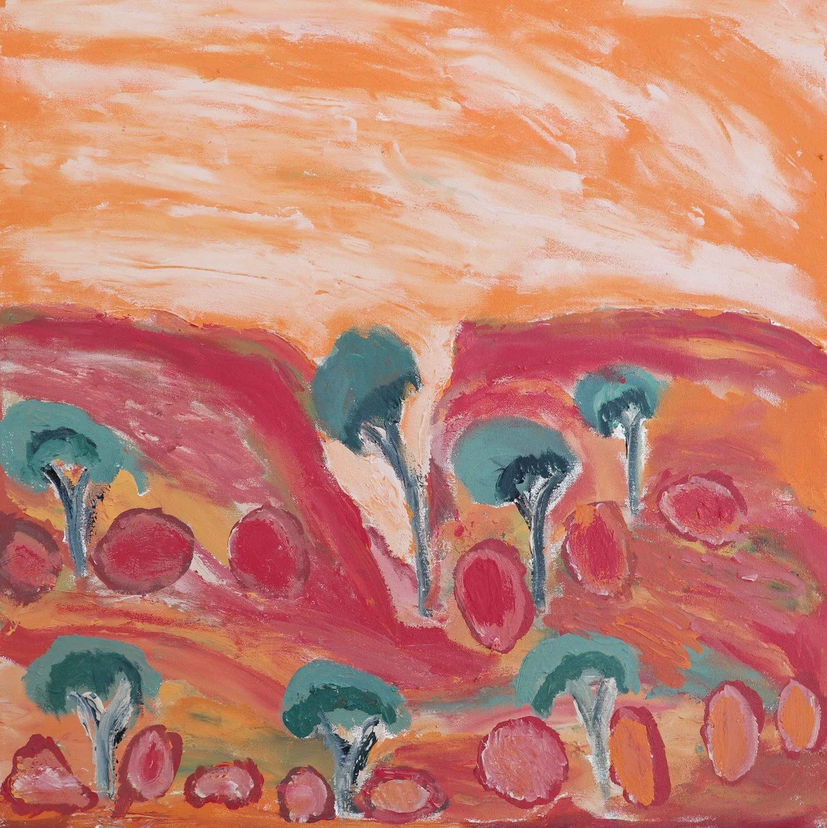 Abstract landscape painting with orange and red hues, featuring stylized green trees and round shapes.