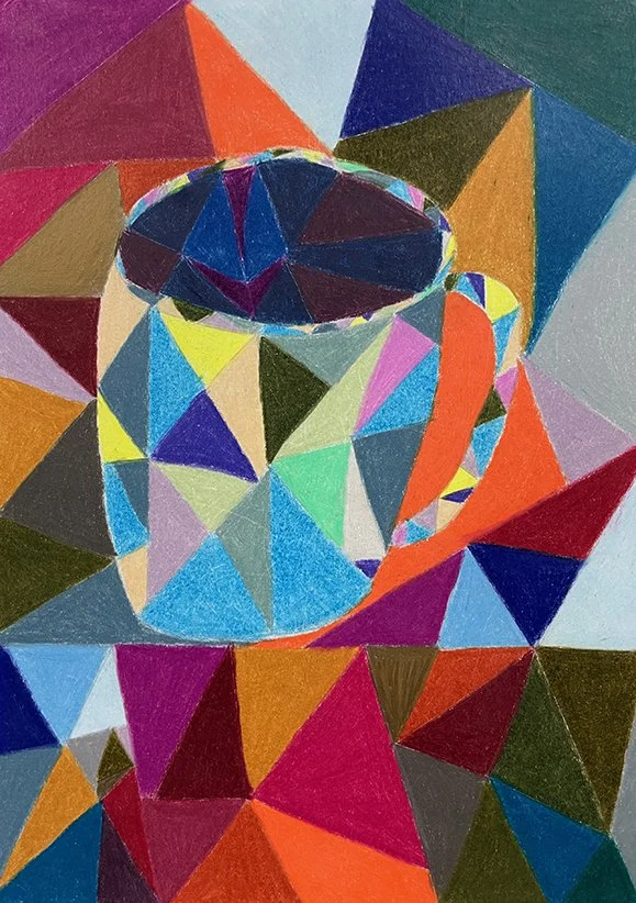 Drawing of an owl with fragmented background.