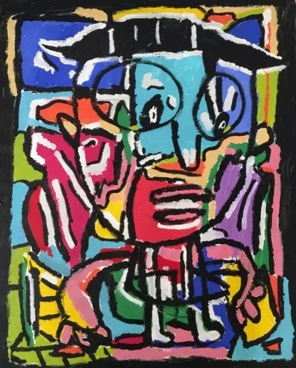 Abstract painting featuring a colorful, distorted human face with exaggerated features, surrounded by vibrant geometric shapes and bold outlines.