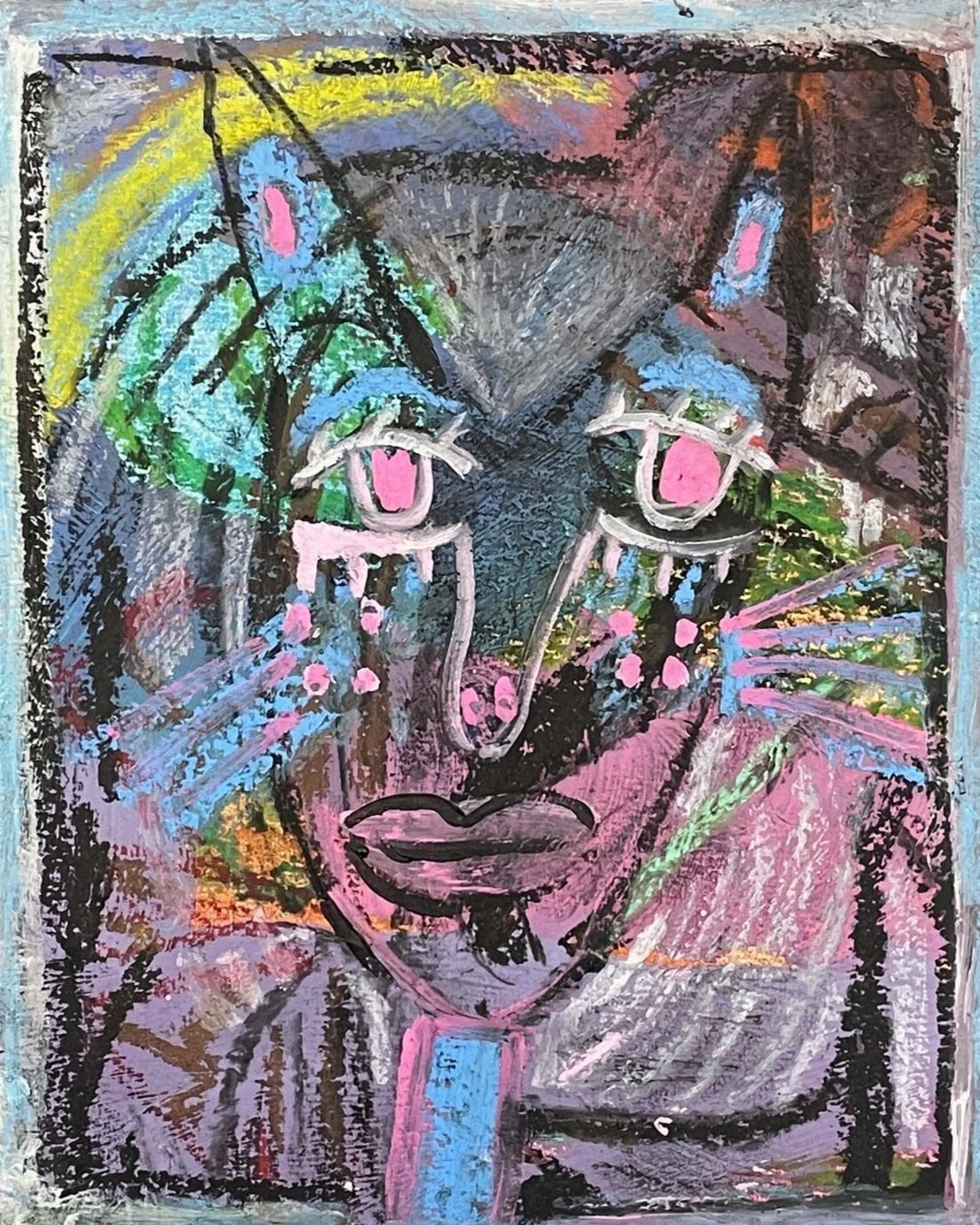 Abstract painting of a cat face with colorful geometric shapes and expressive features.