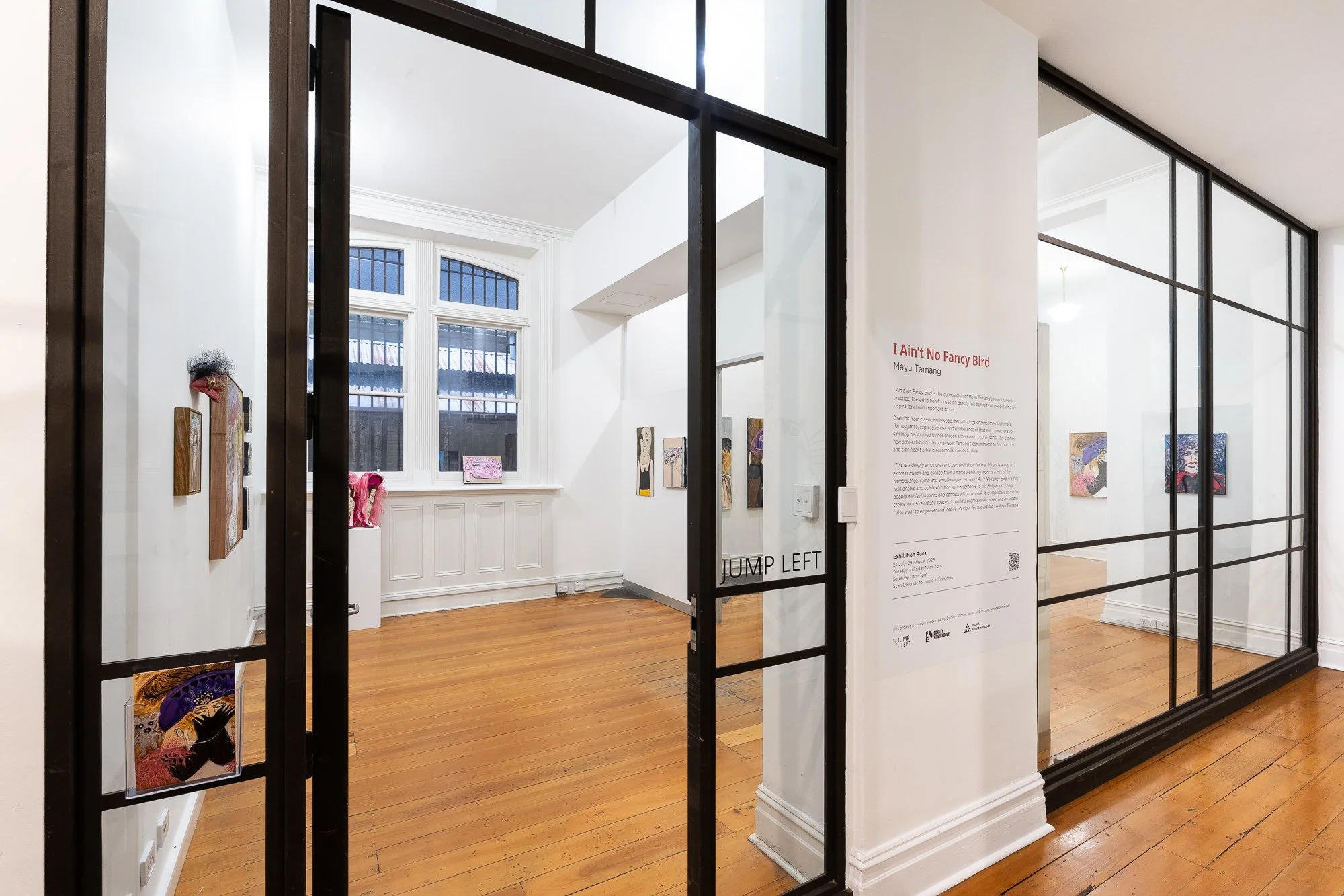 Installation image of artworks from Maya Taman's solo I Ain't No Fancy Bird