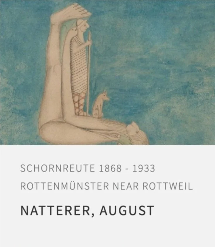 Surreal artwork by August Natterer depicting a figure with animal heads, elongated limbs, holding a staff, against a blue background.