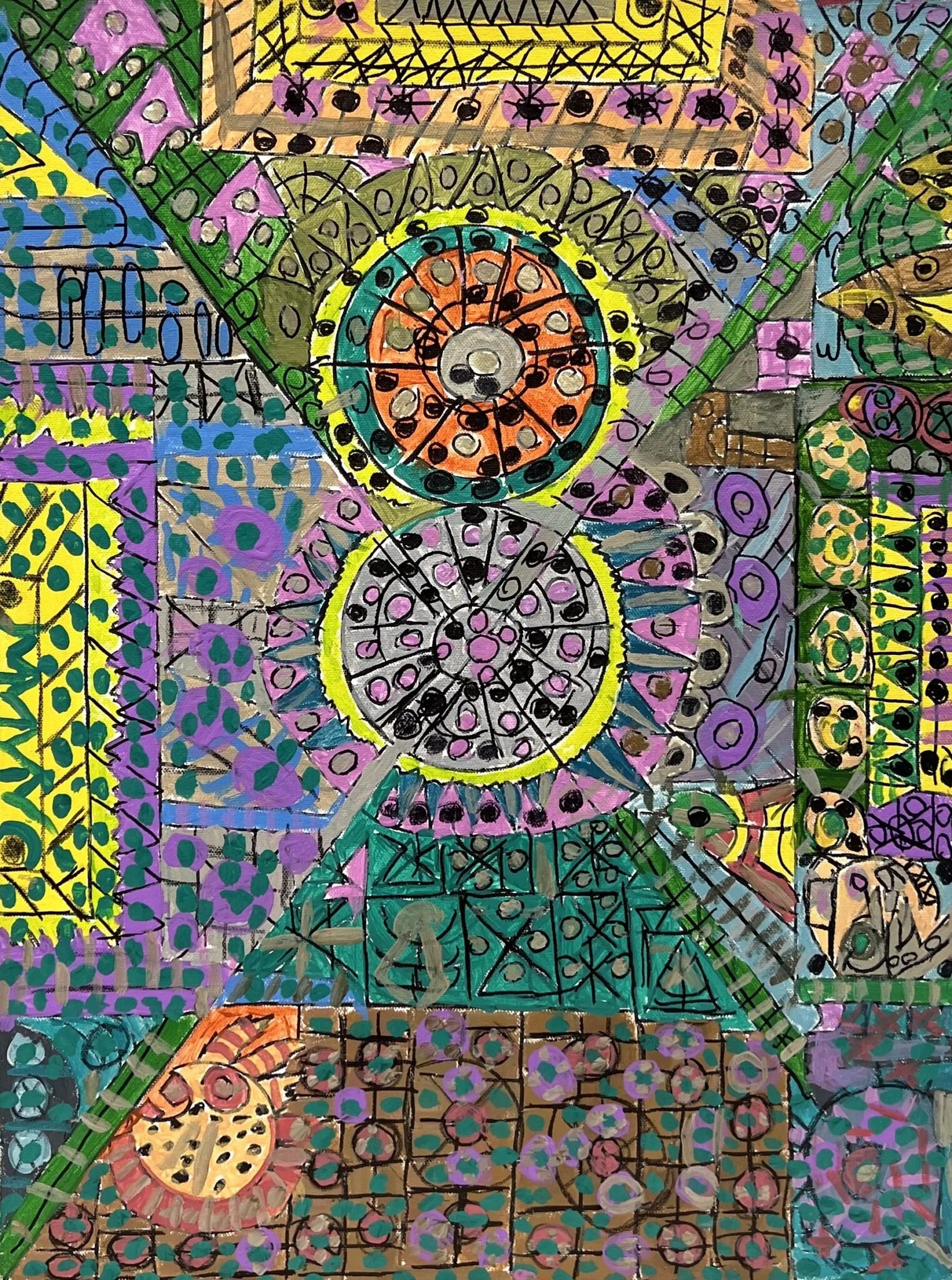 Abstract geometric artwork with circles, triangles, and colorful patterns in yellow, green, purple, and orange hues.