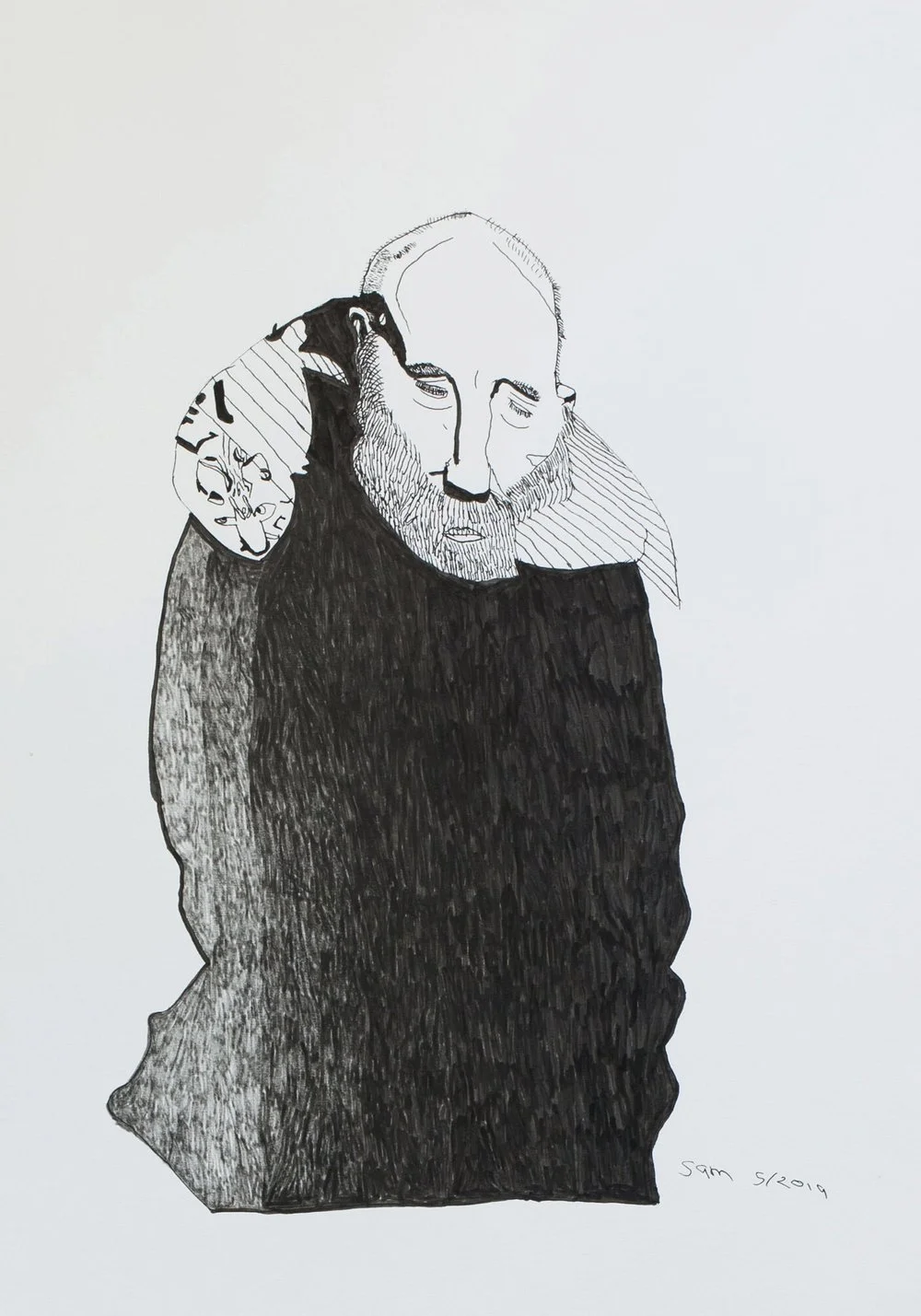 Abstract sketch of a bearded man wearing a dark cloak with a patterned sleeve, drawn in ink on white paper.