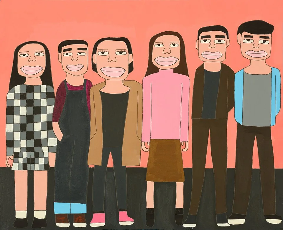 Illustration of six cartoon-style people standing in a row; the background is a simple peach color.