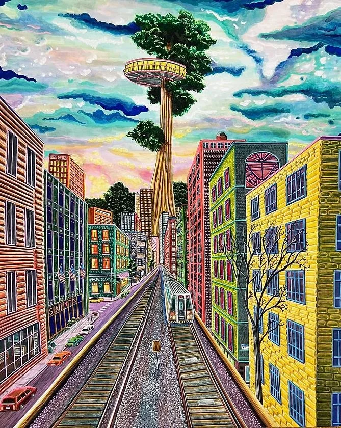 Colorful cityscape with elevated train tracks and a giant tree with a circular platform
