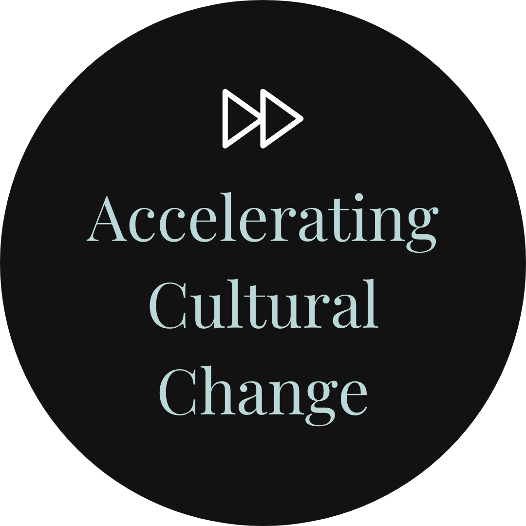 Black circle with text "Accelerating Cultural Change" and a fast-forward symbol above.