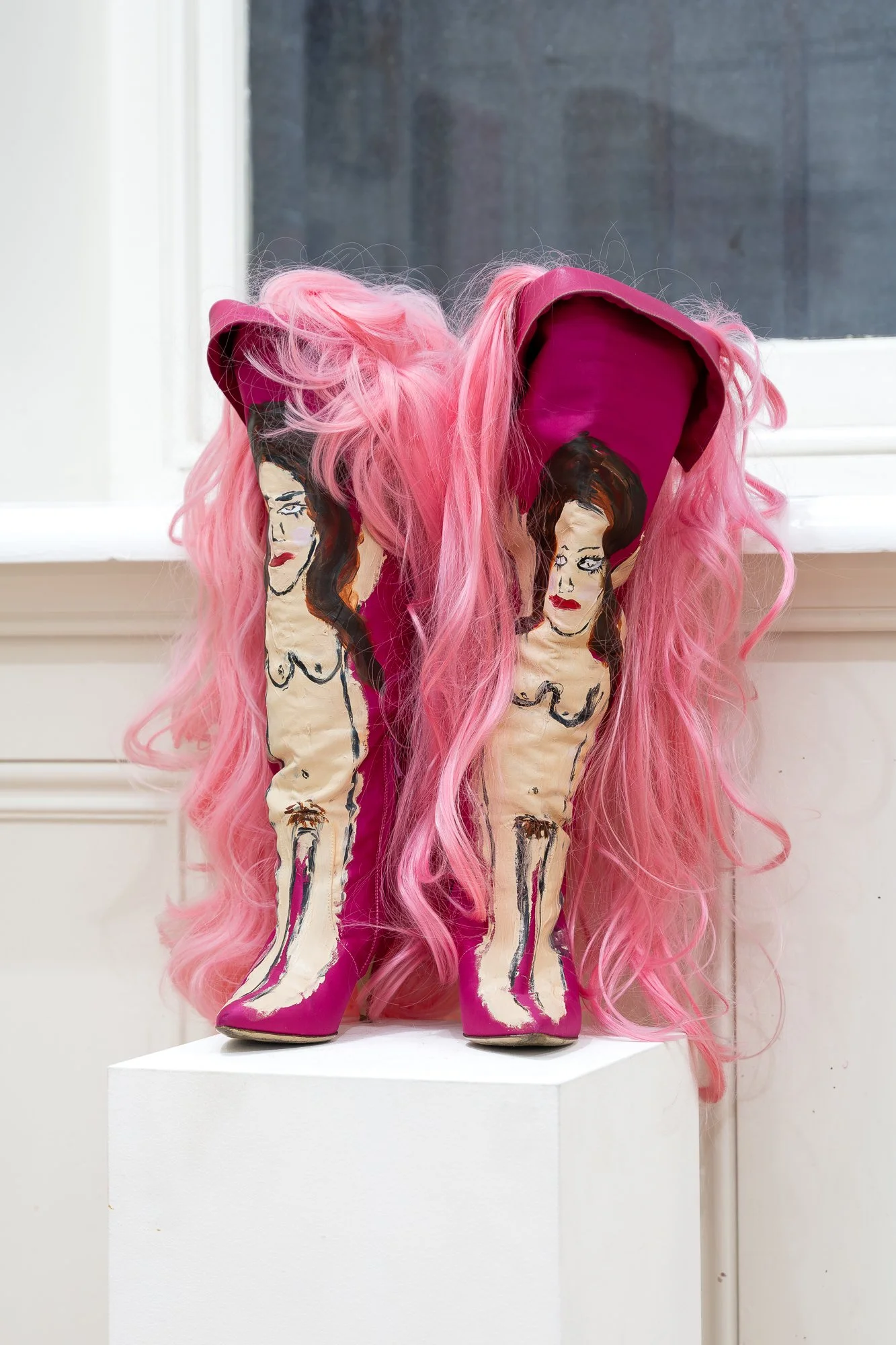 Maya Tamang Headphones On 2026 acrylic, wig and metal chain on vintage boots 51 x 18 x 16 cm