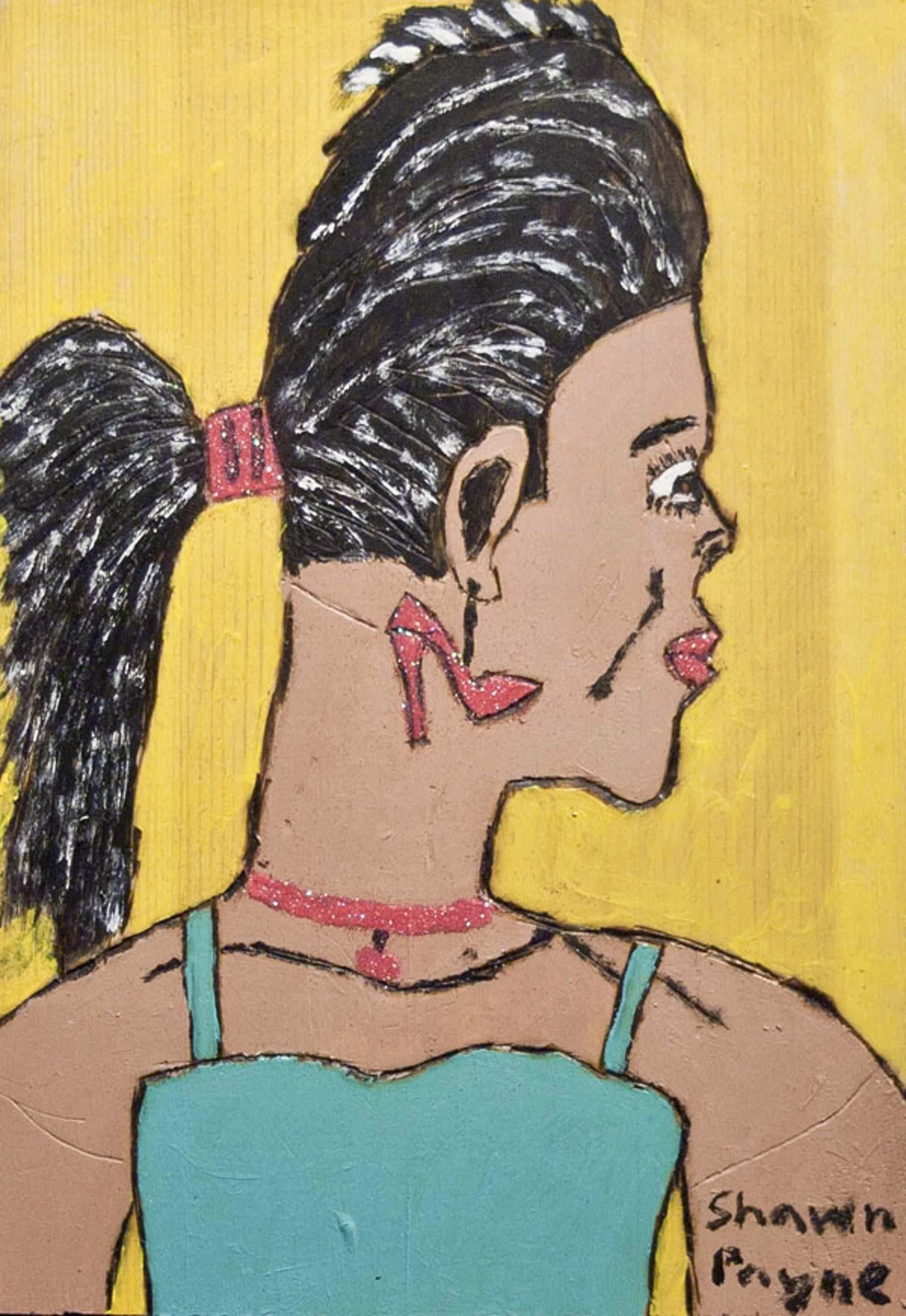 Colorful abstract painting of a person in profile with a spiky ponytail, red earring, and blue top on a yellow background.