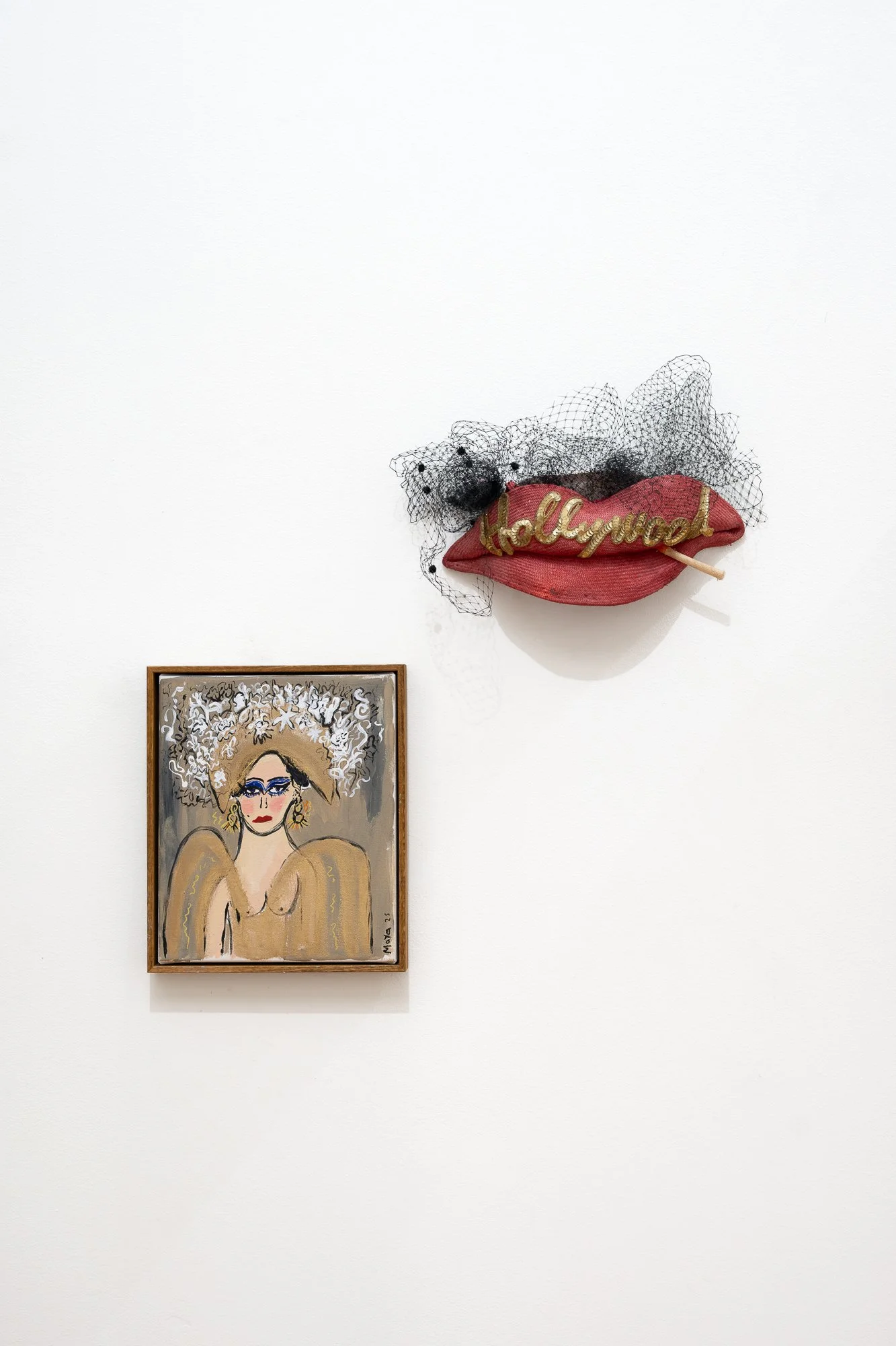 Maya Tamang Elizabeth Taylor 2025 acrylic, oil pastel , blush and lipstick on canvas 30.5 x 25 cm & / Hollywood Hat 2019 mixed media 24 x 38 x 12 cm
