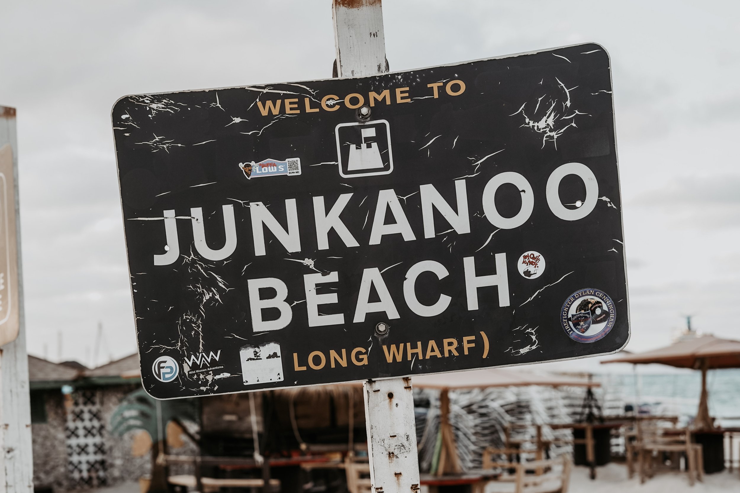 Welcome to Junkanoo Beach sign on black background with white text in Nassau, The Bahamas