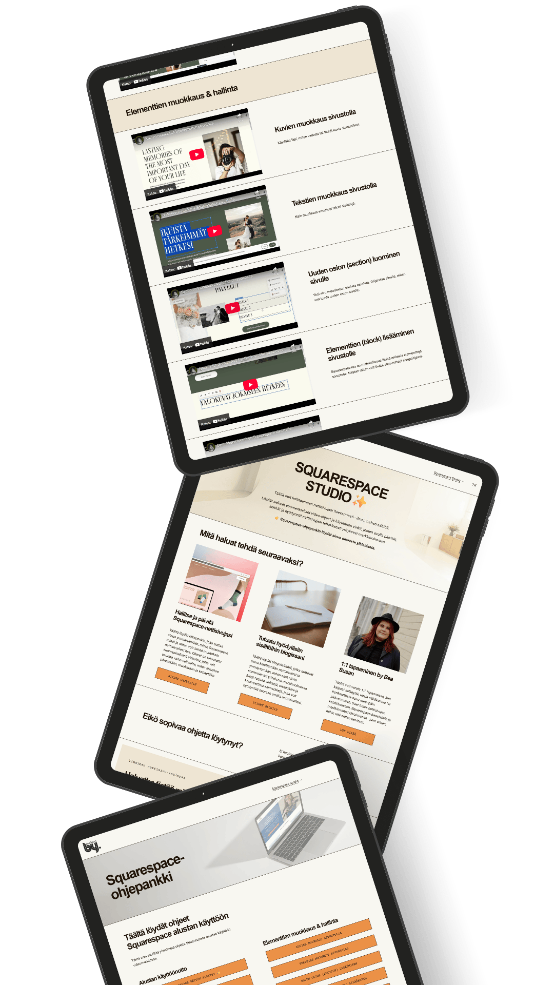 Kolme tablettia, joissa on verkkosivustoja, esitetään näytöllä, jotka sisältävät ohjeita, verkkosivujen muokkausta ja hallintaa.