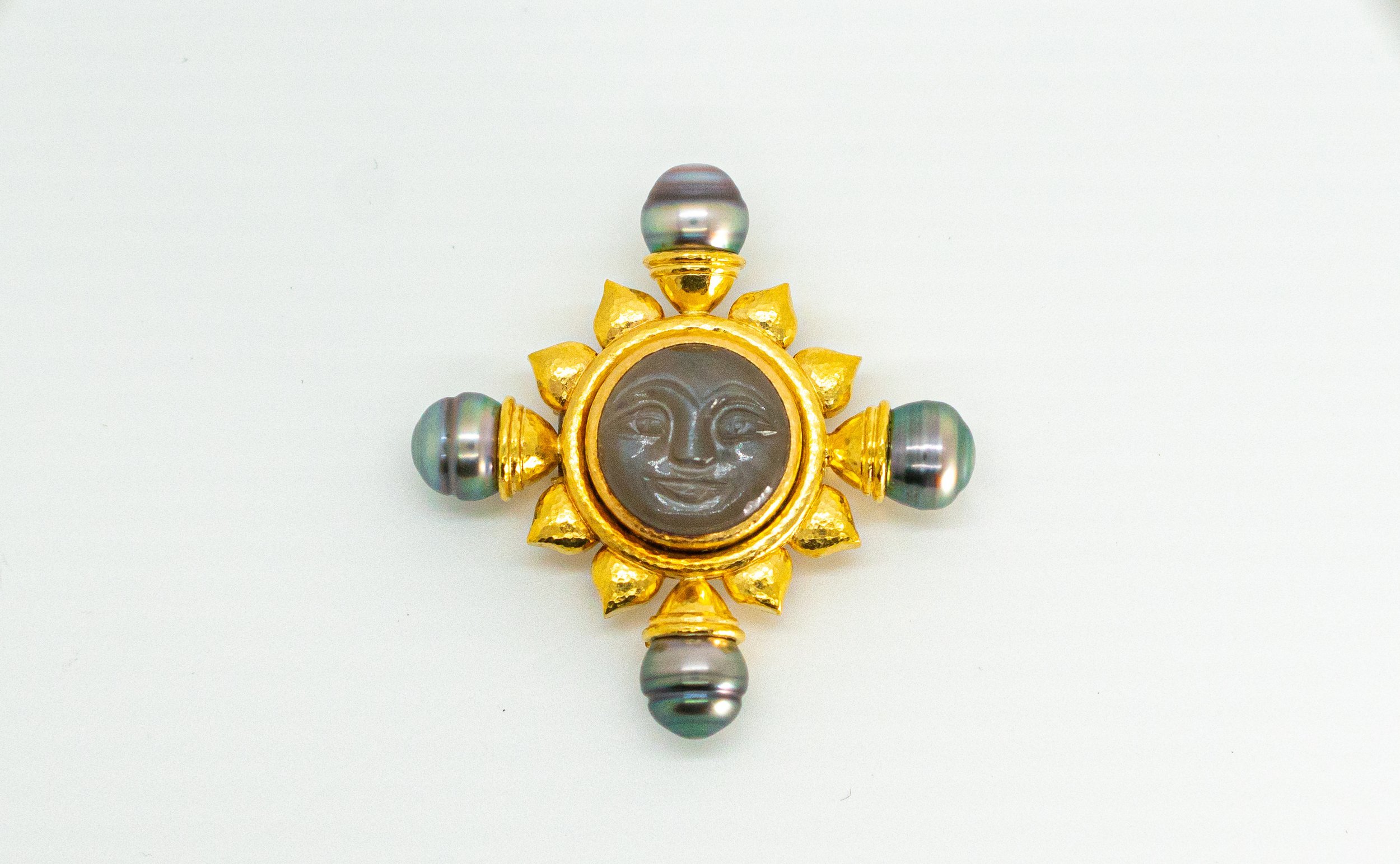 18k Moostone and Tahitian Pearl Brooch