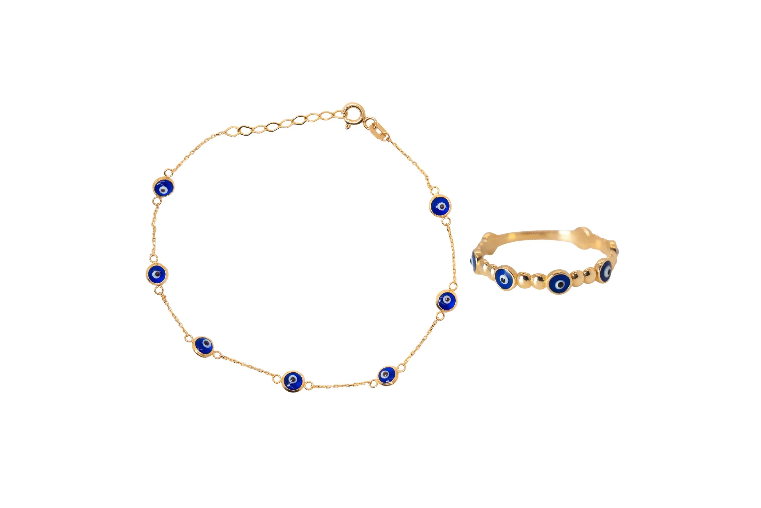 14k Yellow Gold Evil Eye Ring & Bracelet Set