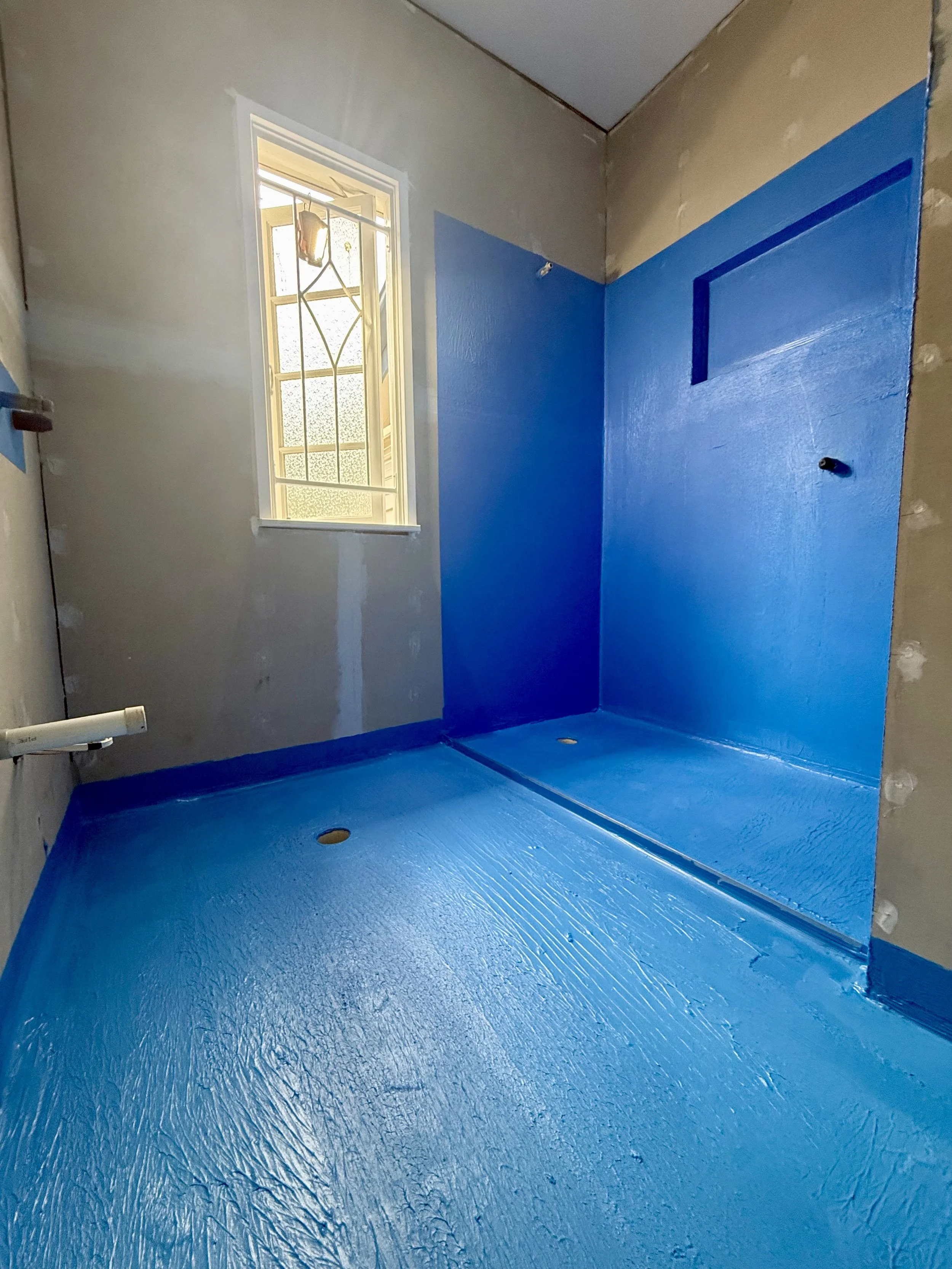 Waterproofed walk in shower and recessed wall niche