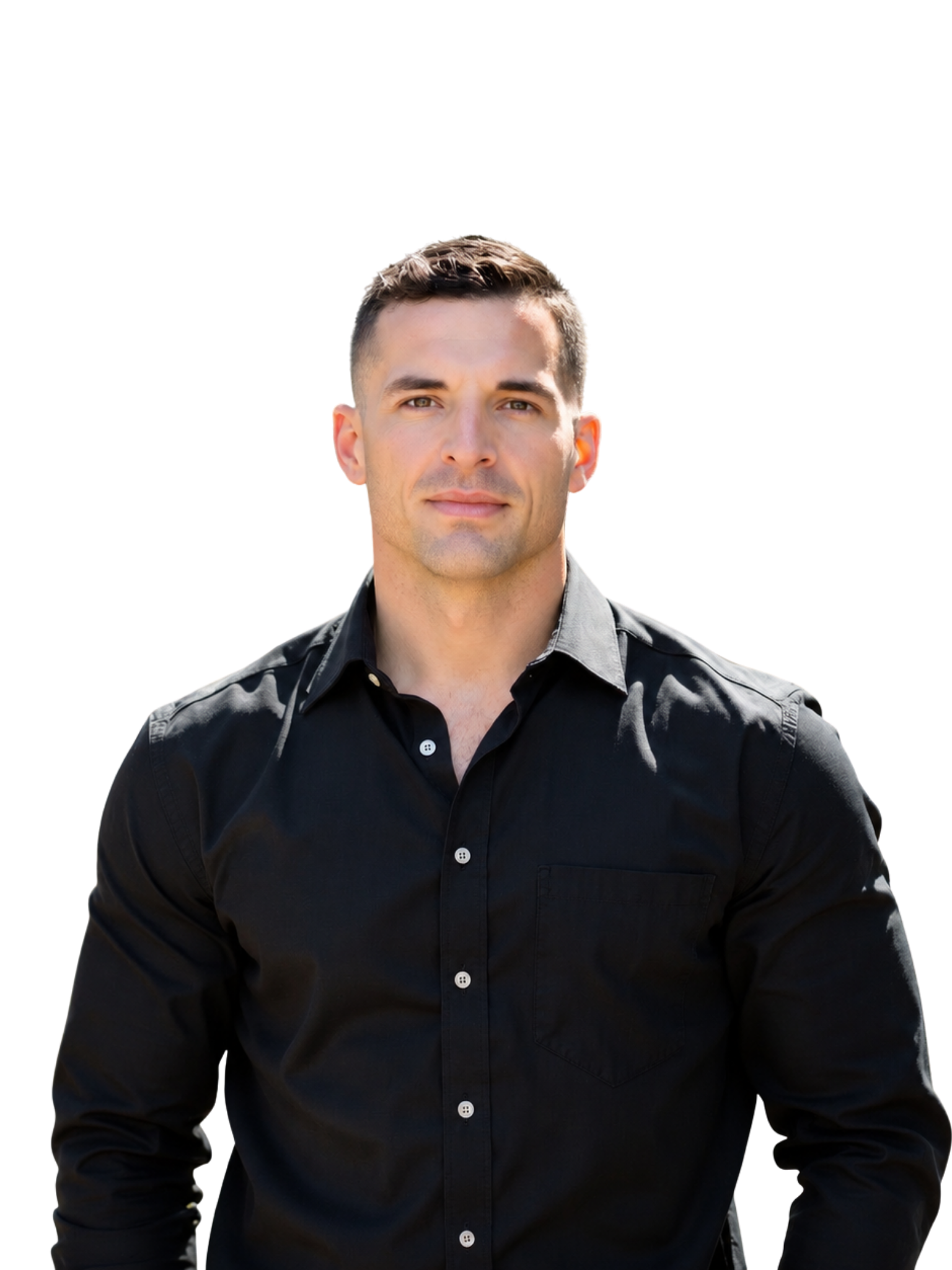 A young man with short brown hair and blue eyes wearing a black button-up shirt, looking directly at the camera, against a plain background.