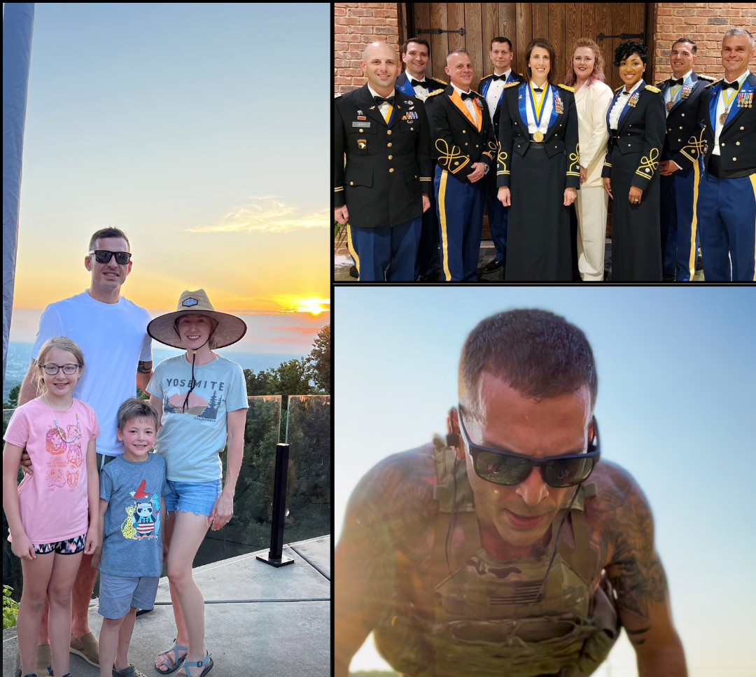 Collage of three photos: Top right shows a group of military personnel in uniform indoors, smiling for the camera; Bottom right features a soldier with tattoos and sunglasses crawling or lying on the ground outdoors; Left displays a family of four with a sunset background, standing on a balcony or terrace, smiling for the photo.
