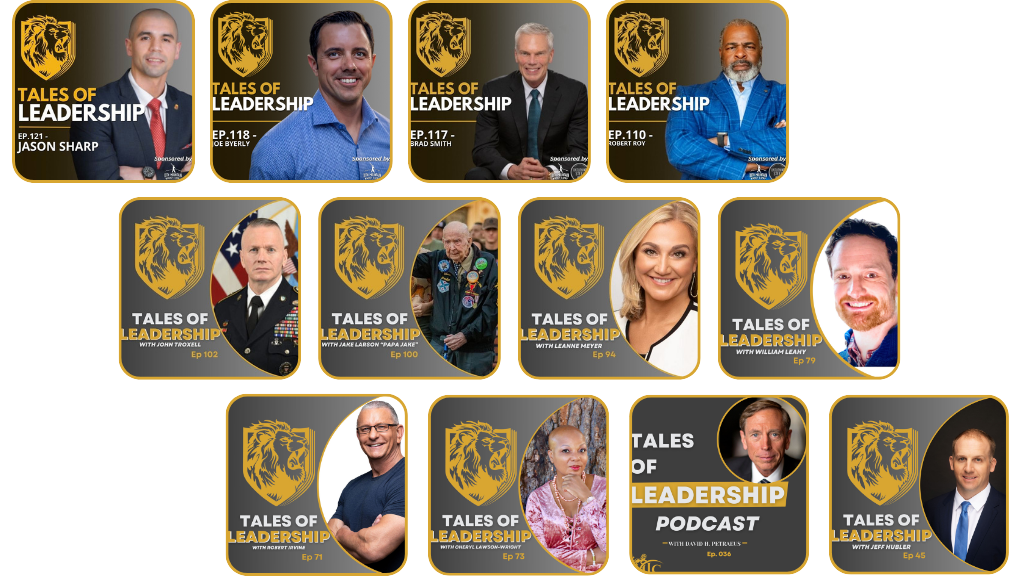 Collection of podcast episode covers from 'Tales of Leadership' featuring headshots of various speakers, each with a black and gold logo and episode number.