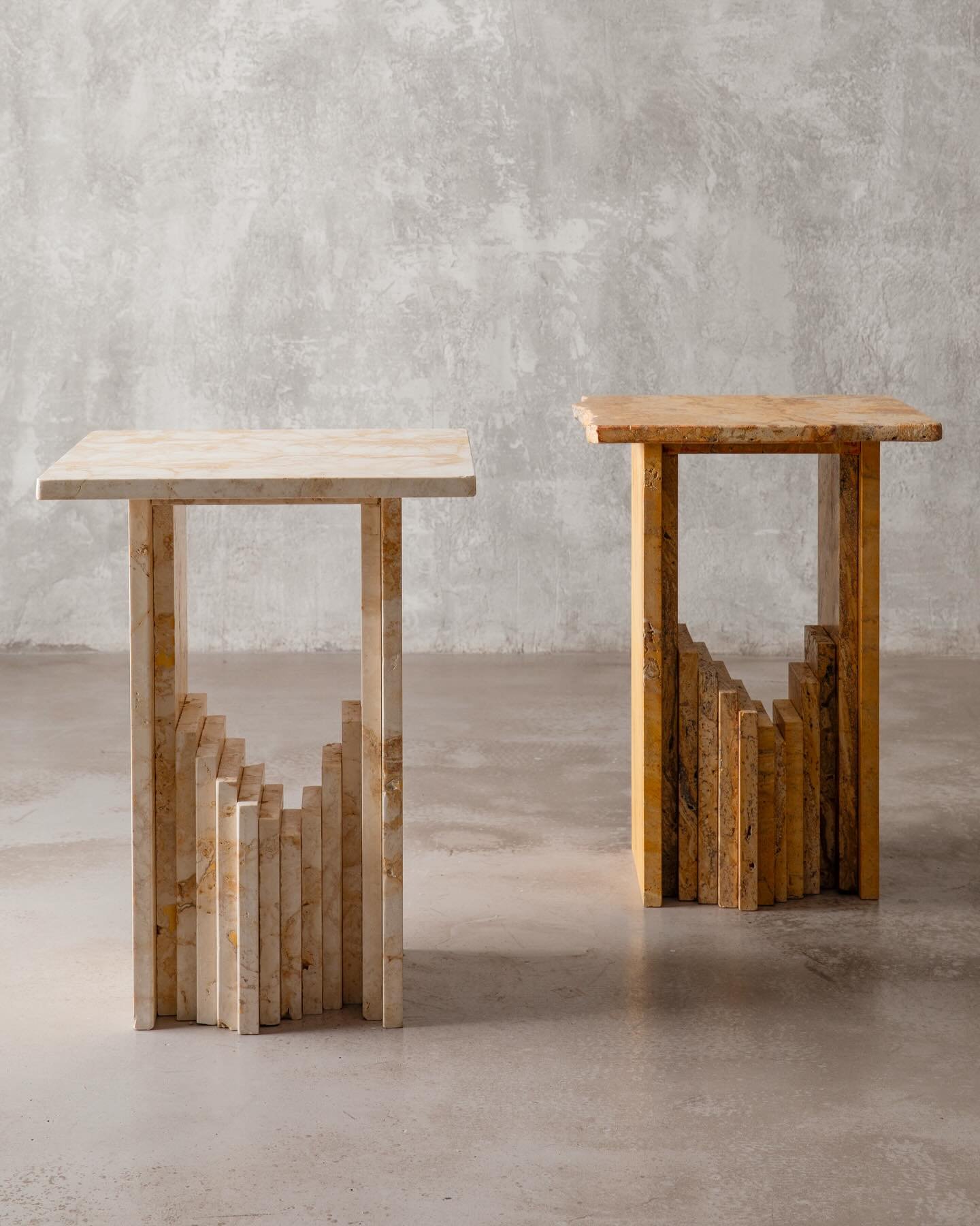 Our Tepui table design efficiently reuses offcuts of even the smallest sizes.

A pair of side tables made from Travertino Oro &amp; Rapolano are already on the way to a new home.

This side table can be made bespoke to your choice of reclaimed natura