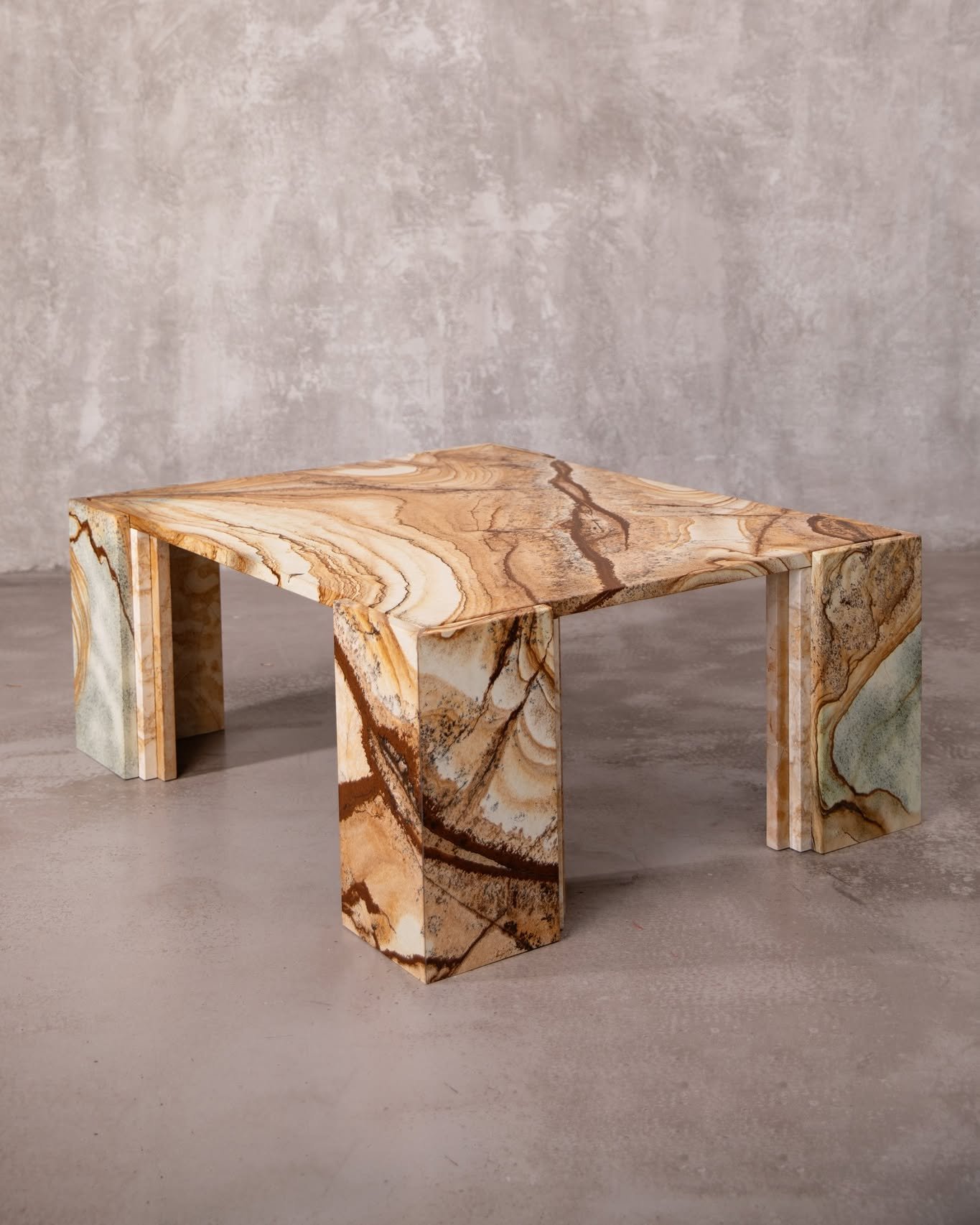Terraforma low tables, crafted from reclaimed Carpe Diem Quartzite.
The table tops showcase the stone&rsquo;s most dynamic patterns, evoking a bird&rsquo;s-eye view over a desert landscape.
The offcuts were then repurposed into layered legs, combinin