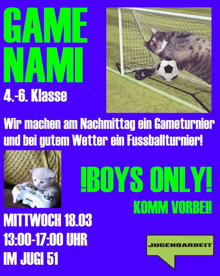 N&ouml;chst Wuche am Mittwuch isch Boys Nami f&uuml;rd Mittelstufe. ch&ouml;med verbi!