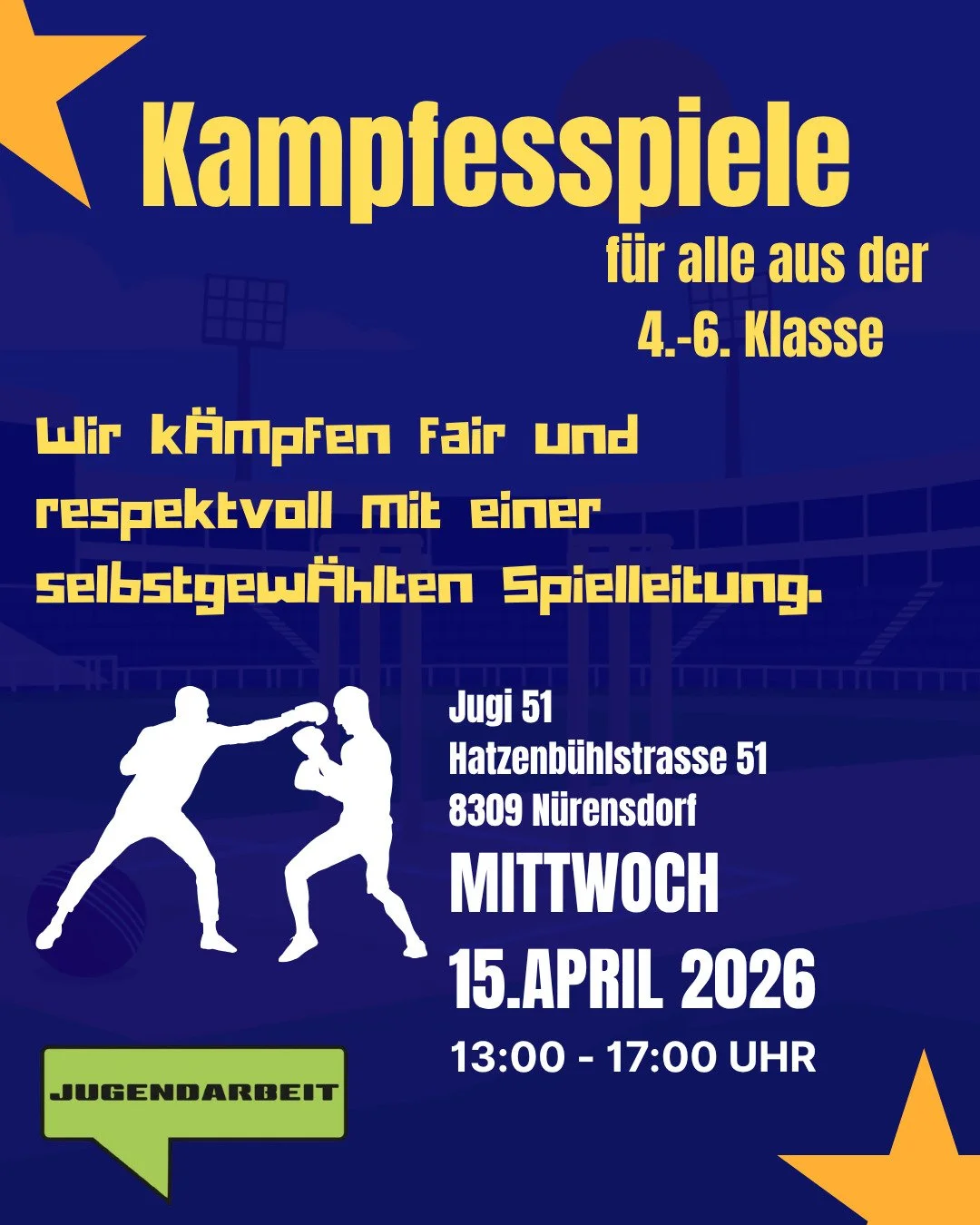 Am Mittwuch gits e ihf&uuml;hrig i kampfesspiele. es gaht drum fair z&auml;me k&auml;mpfe und eigeni st&auml;rkene erkenne und s'k&ouml;rpergf&uuml;hl st&auml;rke. Chunsch au?