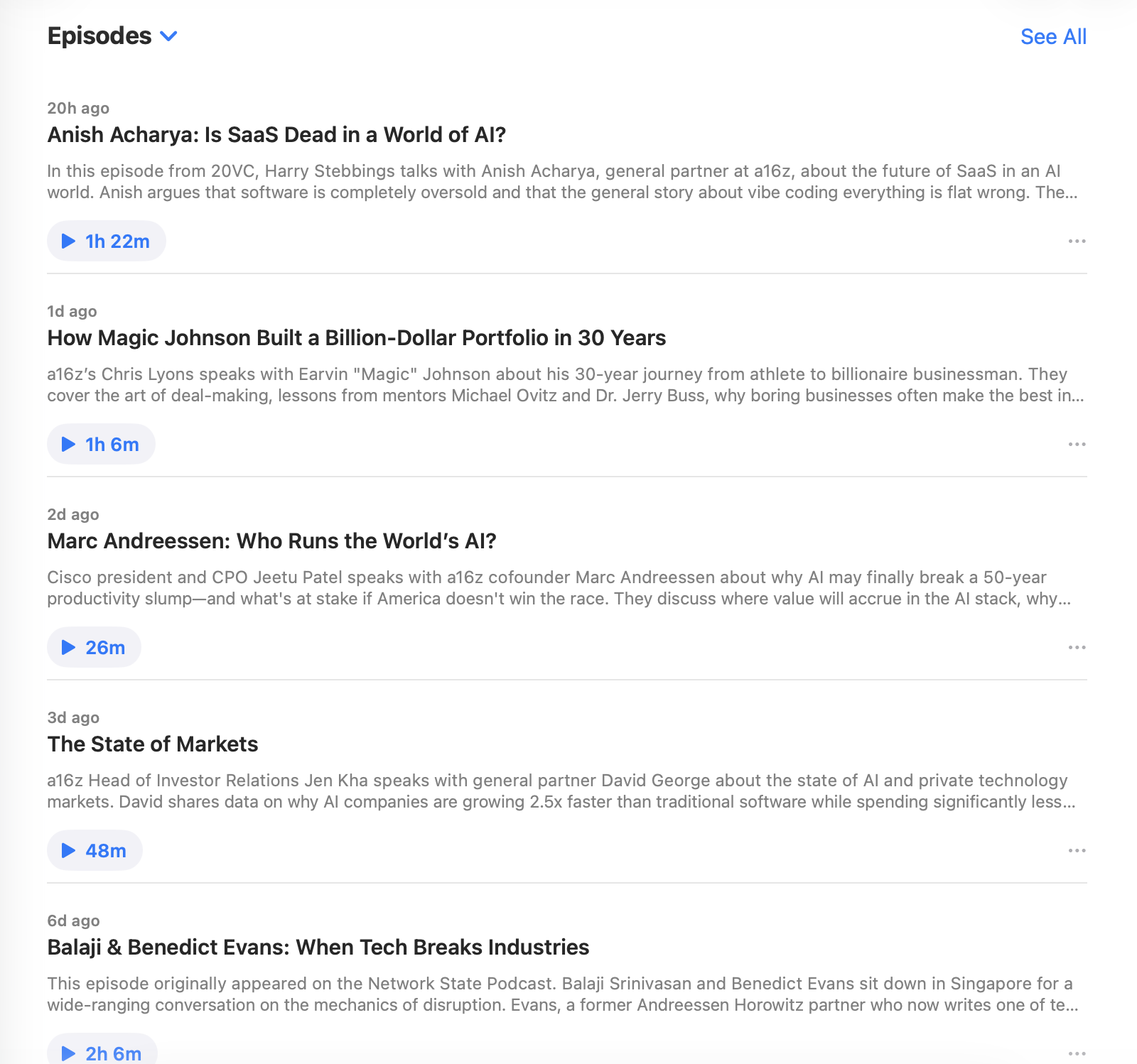 a16z podcast feed highlighting their new media tactic