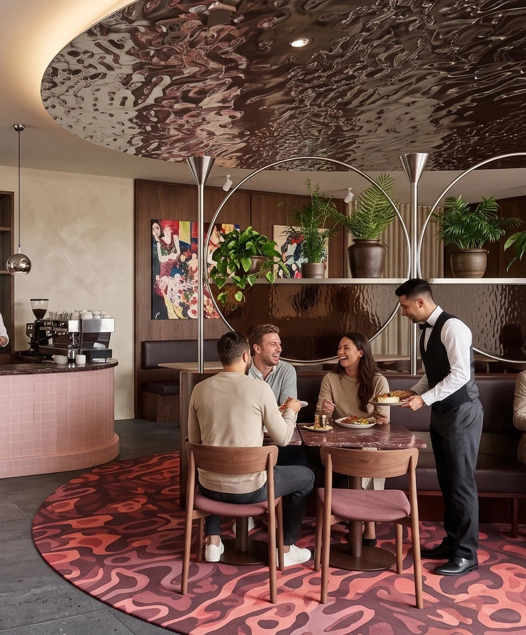 Work in progress! Tillsammans med Mengus utvecklar vi just nu en bistro i fastigheten Gustav III, Fr&ouml;sunda. Ett koncept i r&ouml;relse &ndash; d&auml;r fl&ouml;den, rytm och riktning f&aring;r ta plats i b&aring;de formspr&aring;k och m&ouml;nst