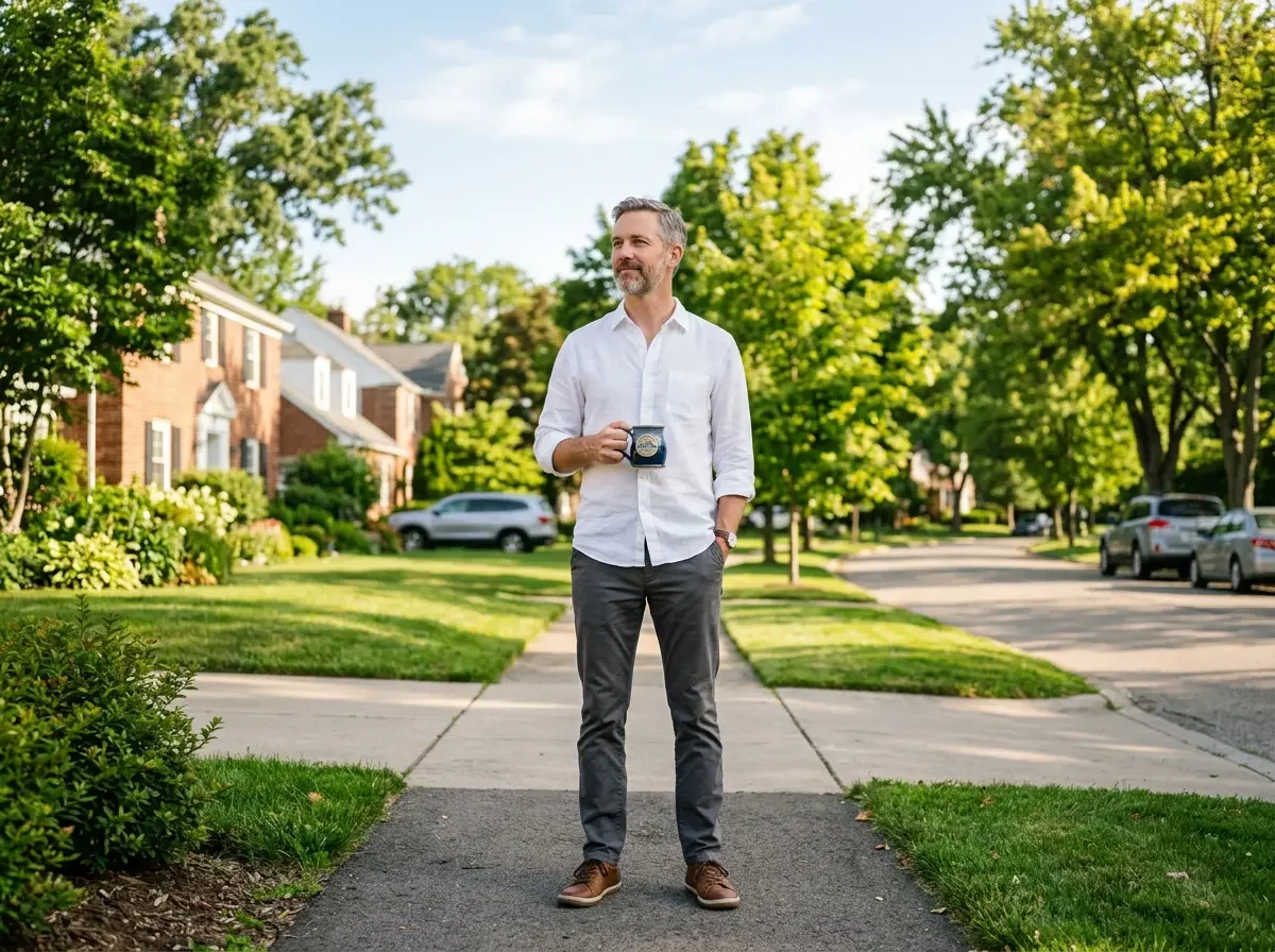 Man in midlife on a quiet suburban street — men's preventive care and health screenings at Concierge Medicine of Westlake