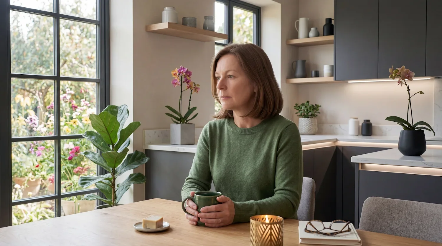 Woman in her mid-40s in soft morning light — perimenopause and menopause care at Concierge Medicine of Westlake